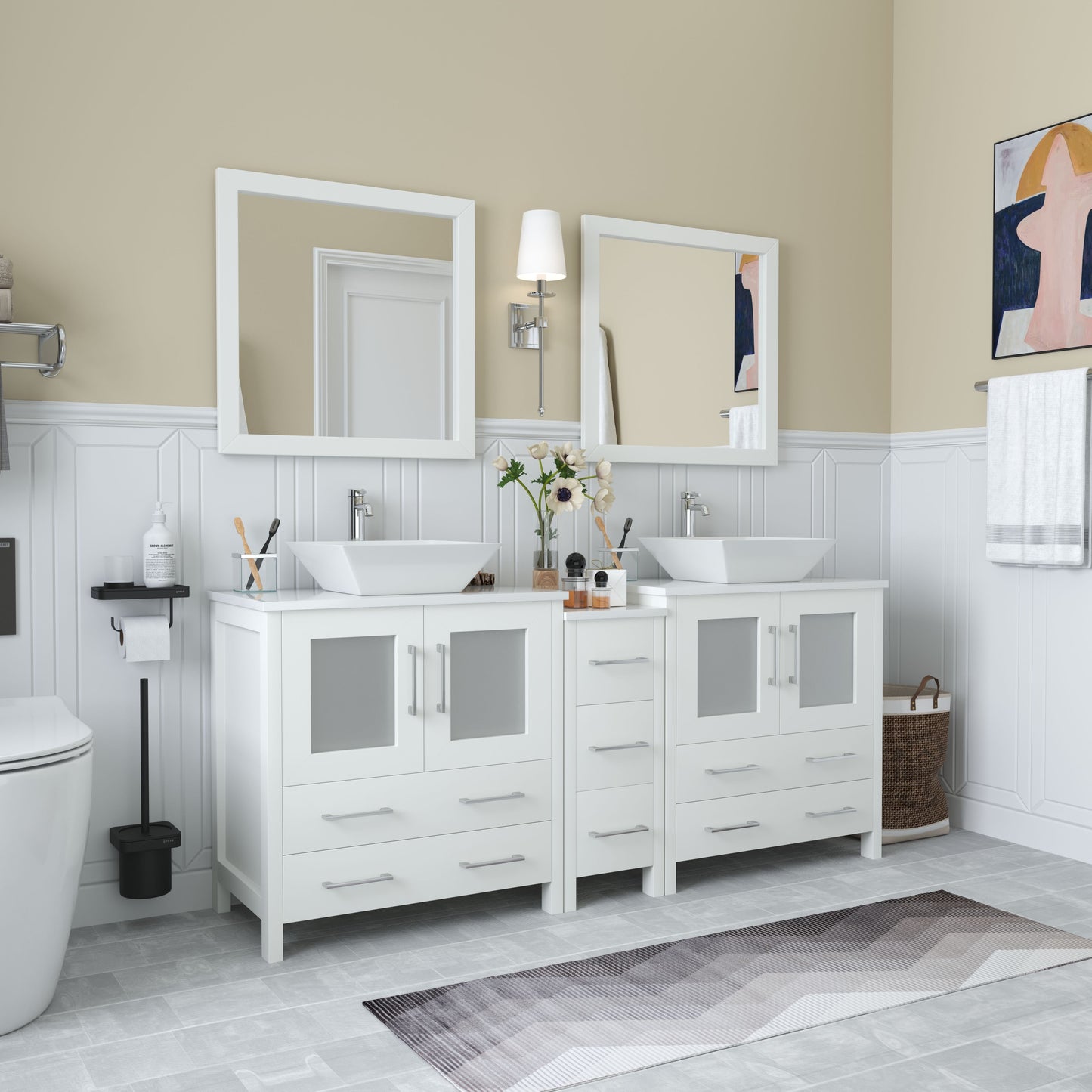 72 Inch Double Sink Bathroom Vanity in White with Marble Countertop - Vanity Art VA3130-72W