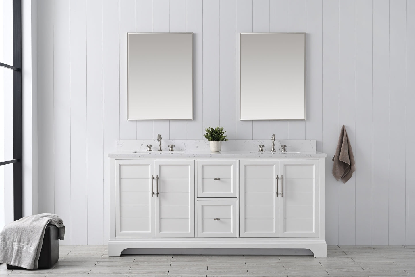 72 Inch Double Sink Bathroom Vanity in White with Marble Countertop & Backsplash - Vanity Art VA5072-DW