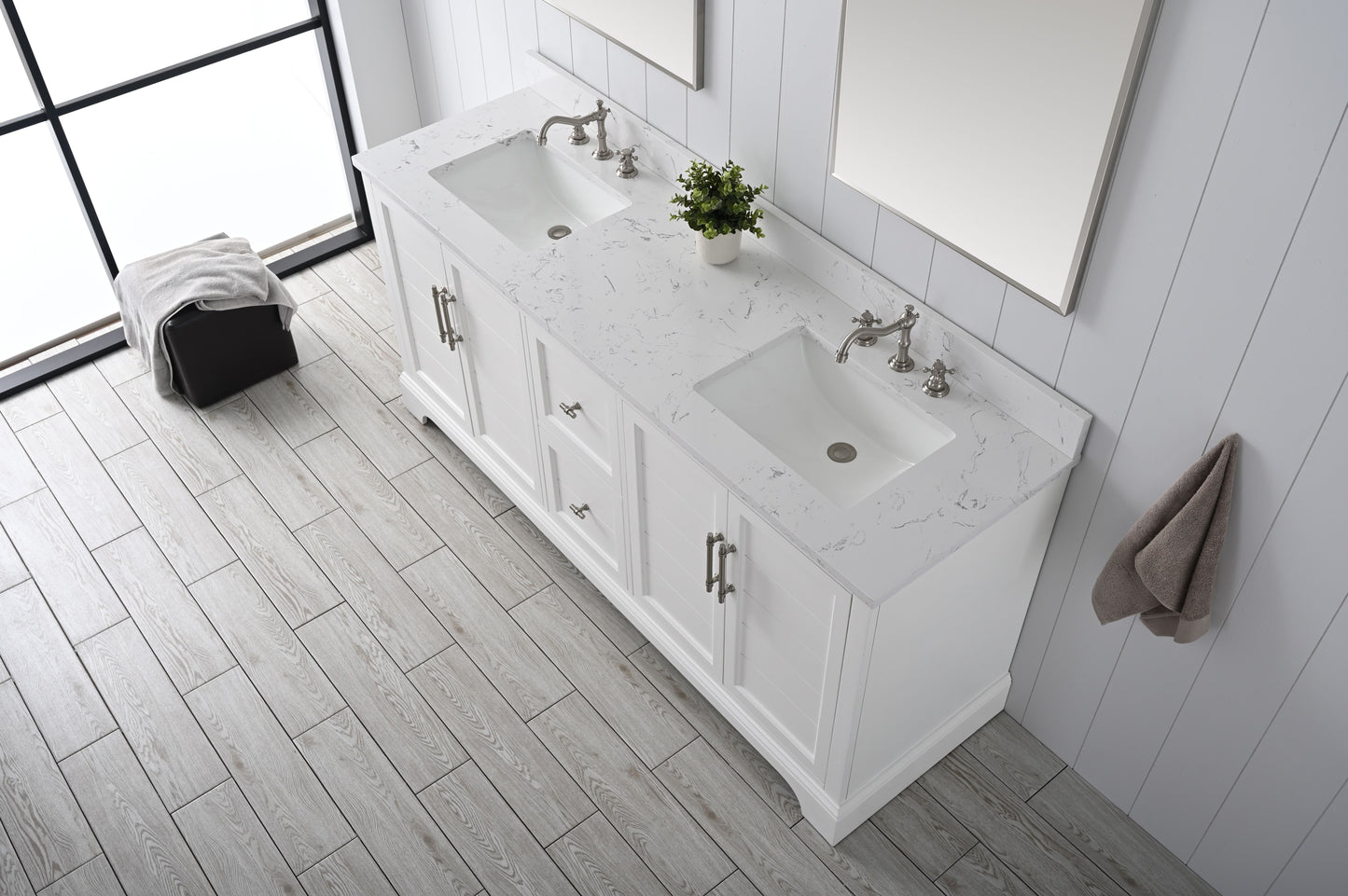 72 Inch Double Sink Bathroom Vanity in White with Marble Countertop & Backsplash - Vanity Art VA5072-DW