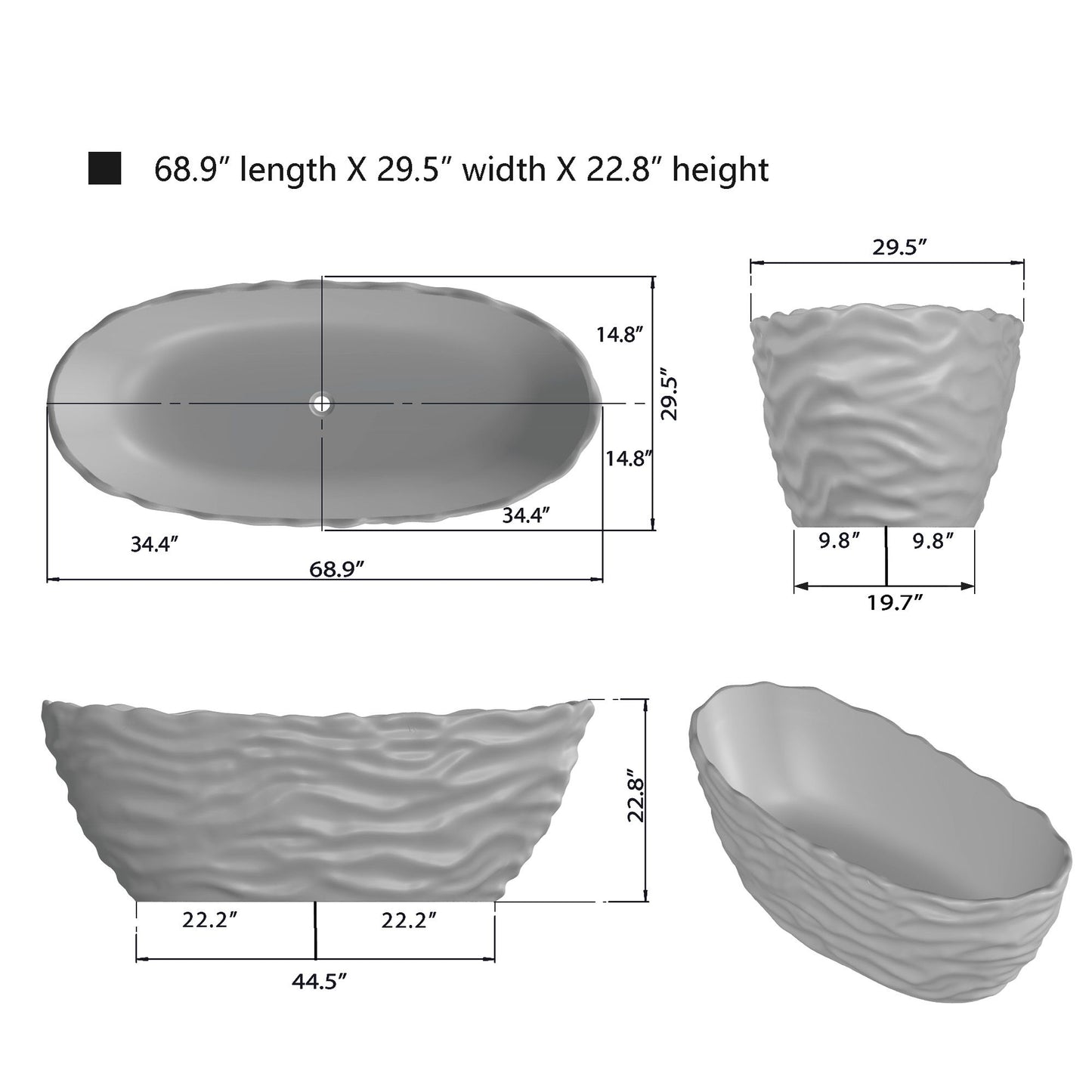 Freestanding Solid Surface Resin Bathtub 69 Inch x 29.5 Inch - Vanity Art VA6922-PC