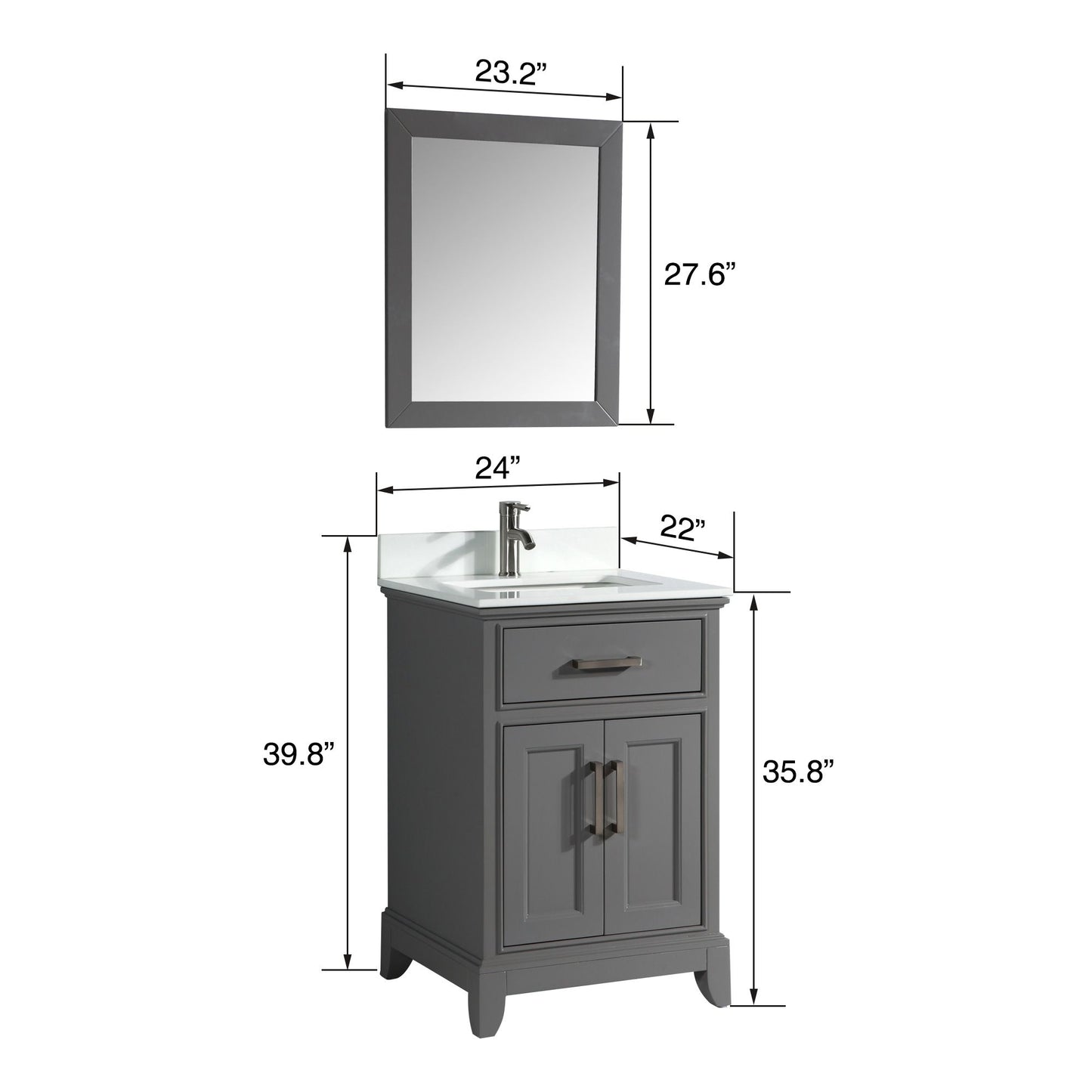 24 Inch Single Sink Bathroom Vanity in Gray with White Marble Countertop - Vanity Art VA1024G