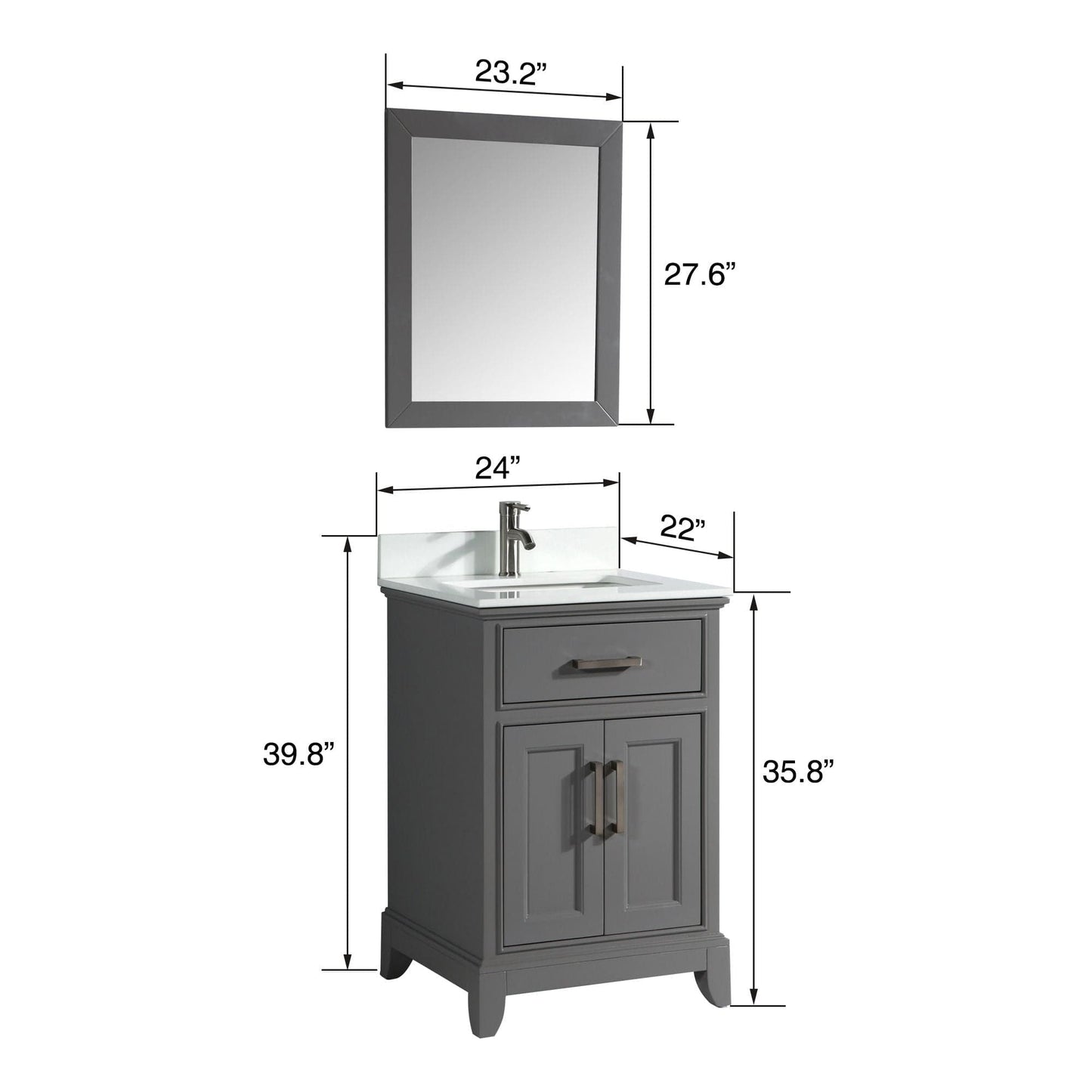 Vanity Art VA1024G 24 Inch Single Sink Bathroom Vanity in Gray with White Marble Countertop - Vanity Art VA1024G