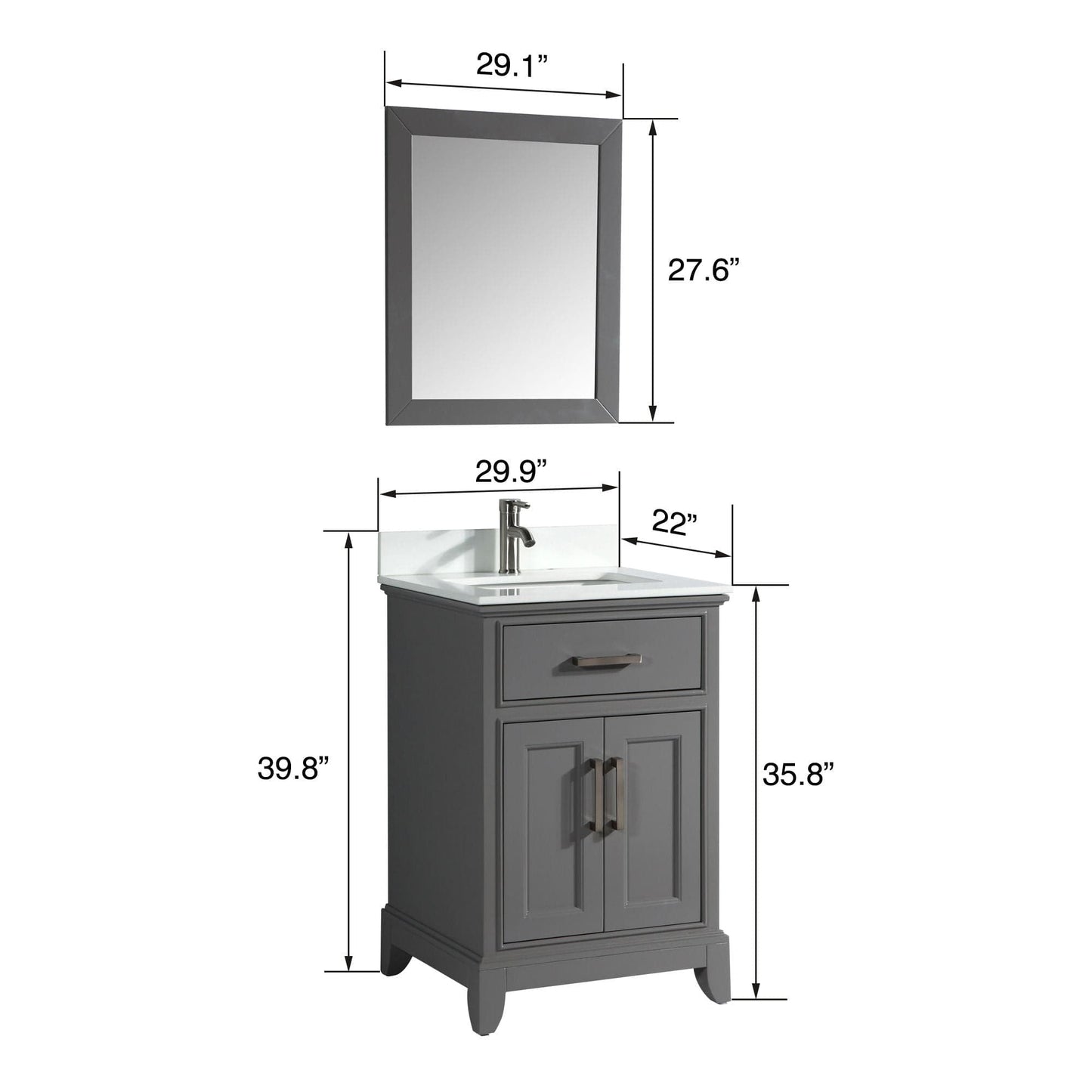 Vanity Art VA1030G 30 Inch Single Sink Bathroom Vanity in Gray with White Marble Countertop - Vanity Art VA1030G