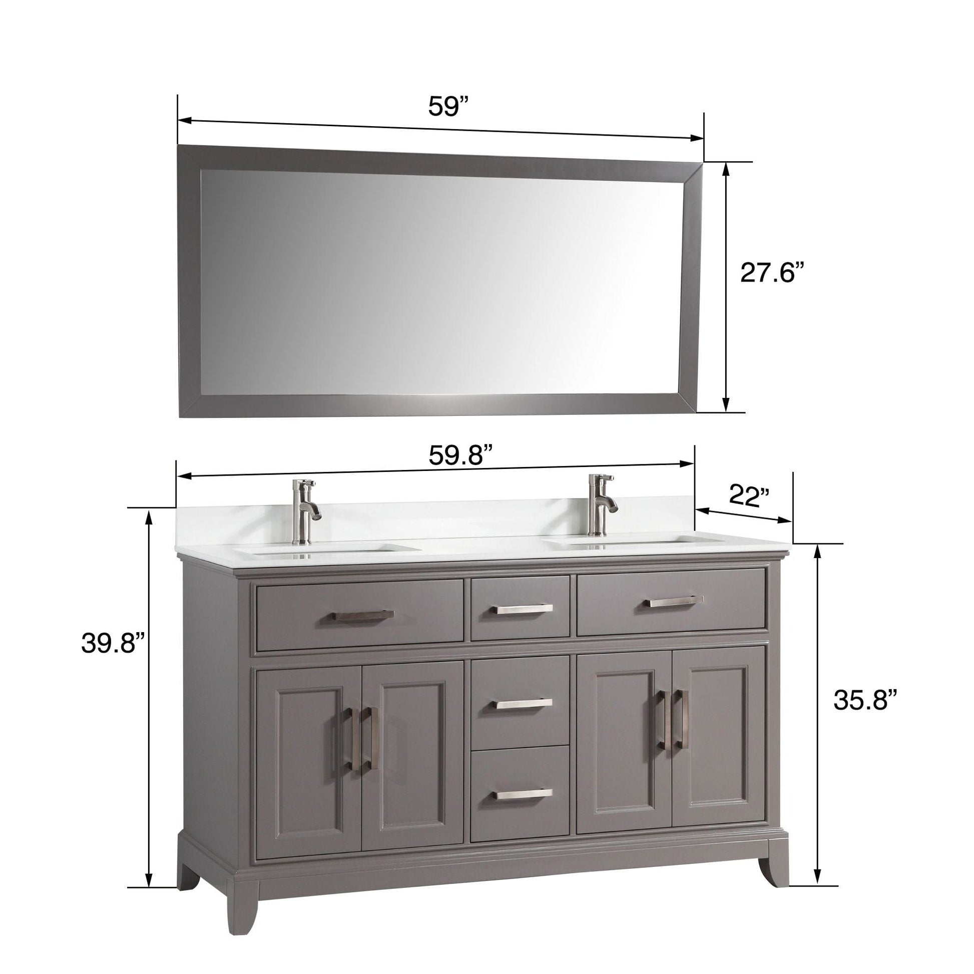 Vanity Art VA1060DG 60 Inch Double Sink Bathroom Vanity in Gray with White Marble Countertop - Vanity Art VA1060DG