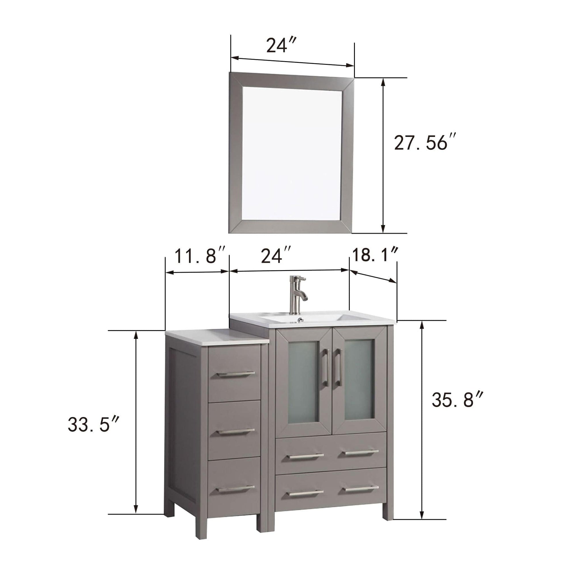 Vanity Art VA3024-36G 36 Inch Single Sink Bathroom Vanity in Gray with Ceramic Countertop - Vanity Art VA3024-36G