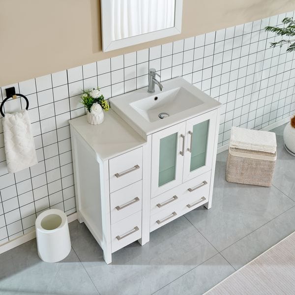 Vanity Art VA3024-36W 36 Inch Single Sink Bathroom Vanity in White with Ceramic Countertop - Vanity Art VA3024-36W