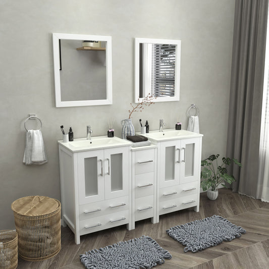 Vanity Art VA3024-60W 60 Inch Double Sink Bathroom Vanity in White with Ceramic Countertop - Vanity Art VA3024-60W