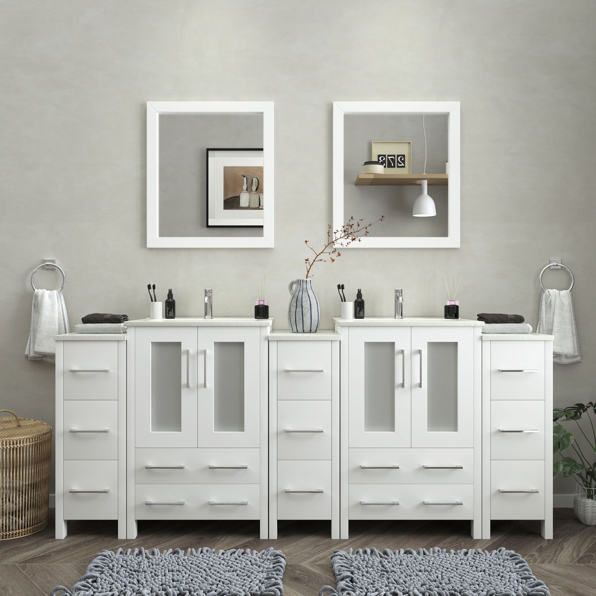 Vanity Art VA3024-84W 84 Inch Double Sink Bathroom Vanity in White with Ceramic Countertop - Vanity Art VA3024-84W