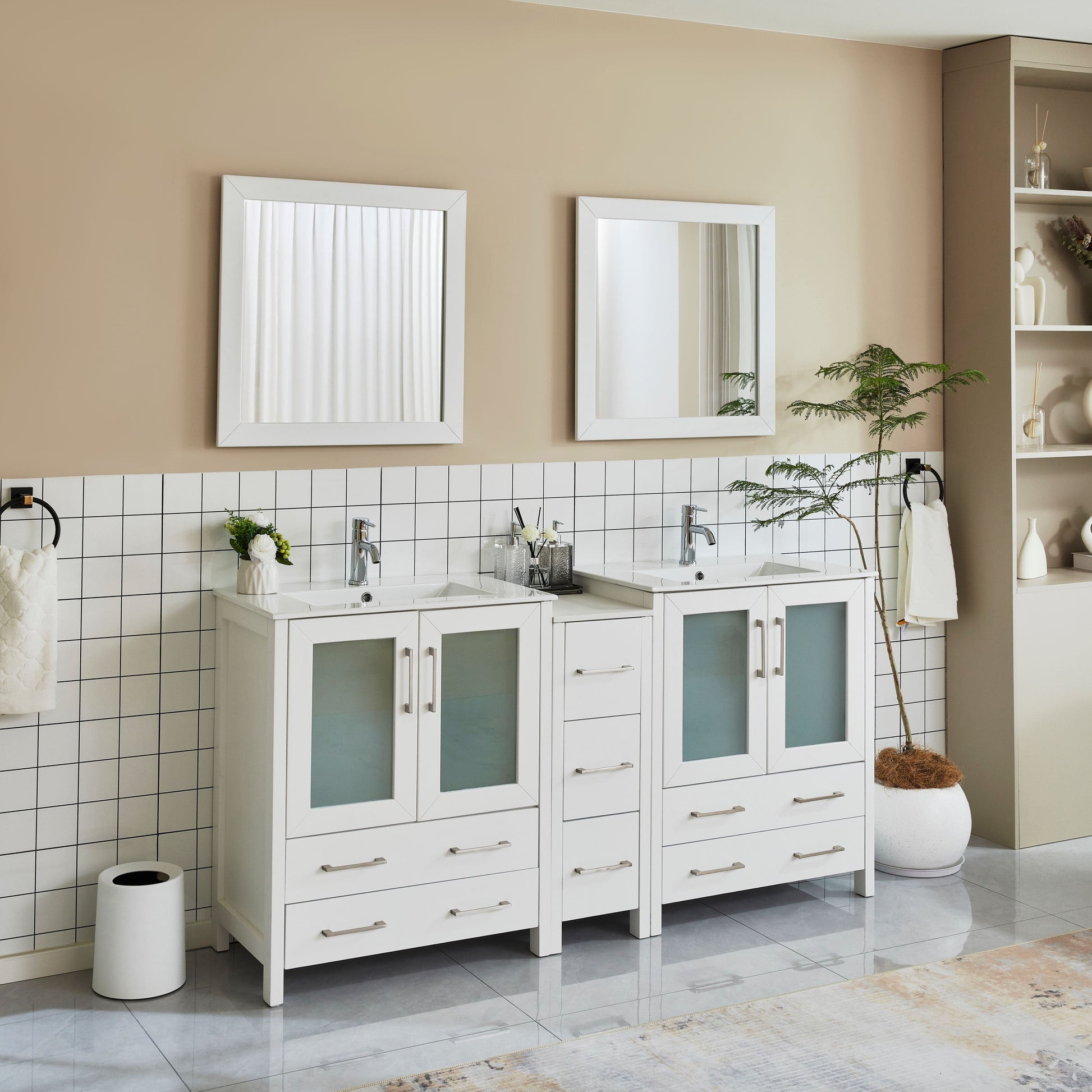 Vanity Art VA3030-72W 72 Inch Double Sink Bathroom Vanity in White with Ceramic Countertop - Vanity Art VA3030-72W