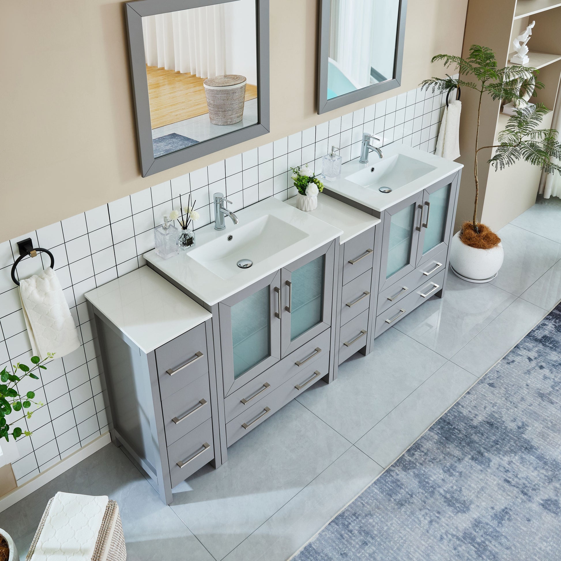 Vanity Art VA3030-84G 84 Inch Double Sink Bathroom Vanity in Gray with Ceramic Countertop - Vanity Art VA3030-84G