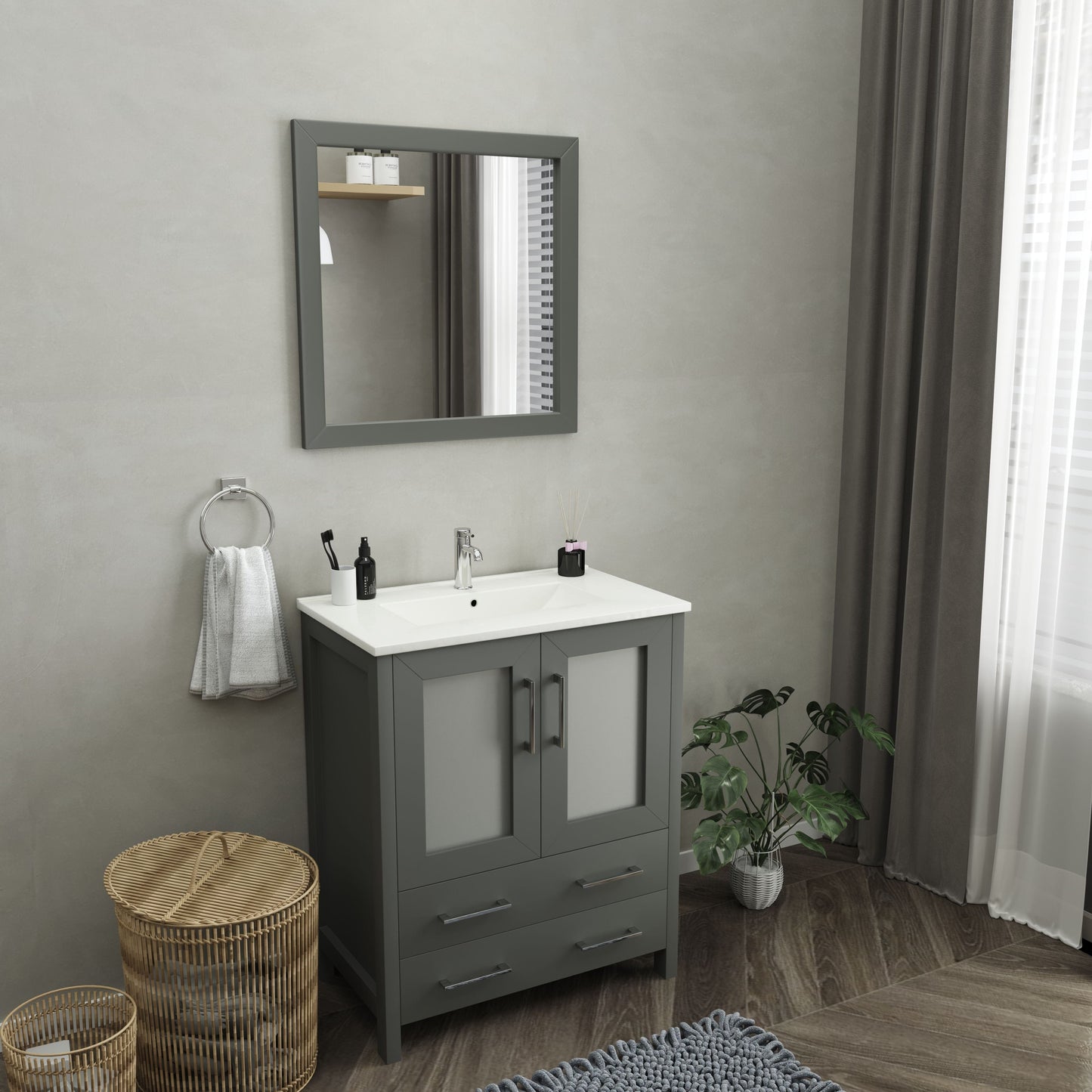 Vanity Art VA3030G 30 Inch Single Sink Bathroom Vanity in Gray with Ceramic Countertop - Vanity Art VA3030G