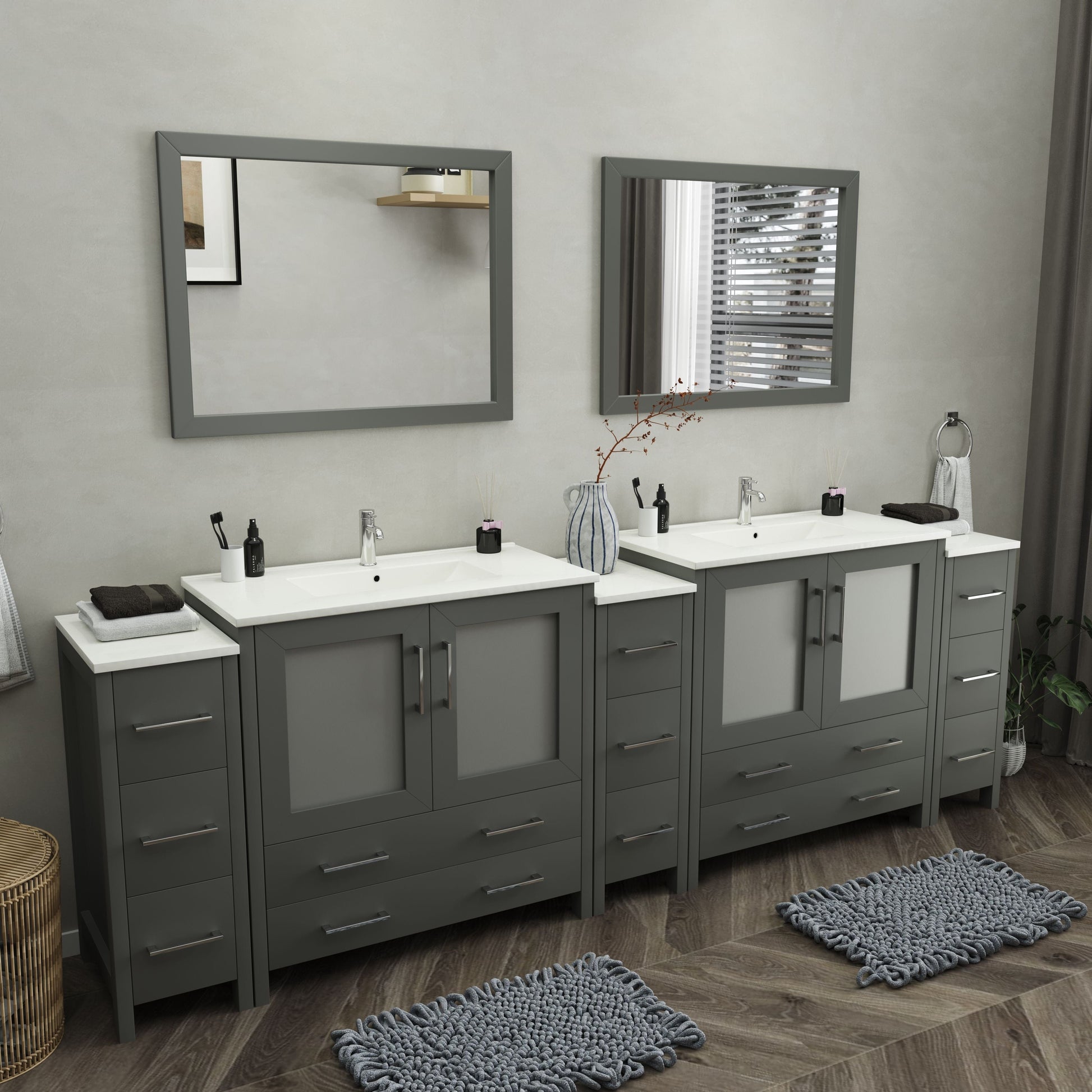 Vanity Art VA3036-108G 108 Inch Double Sink Bathroom Vanity in Gray with Ceramic Countertop - Vanity Art VA3036-108G