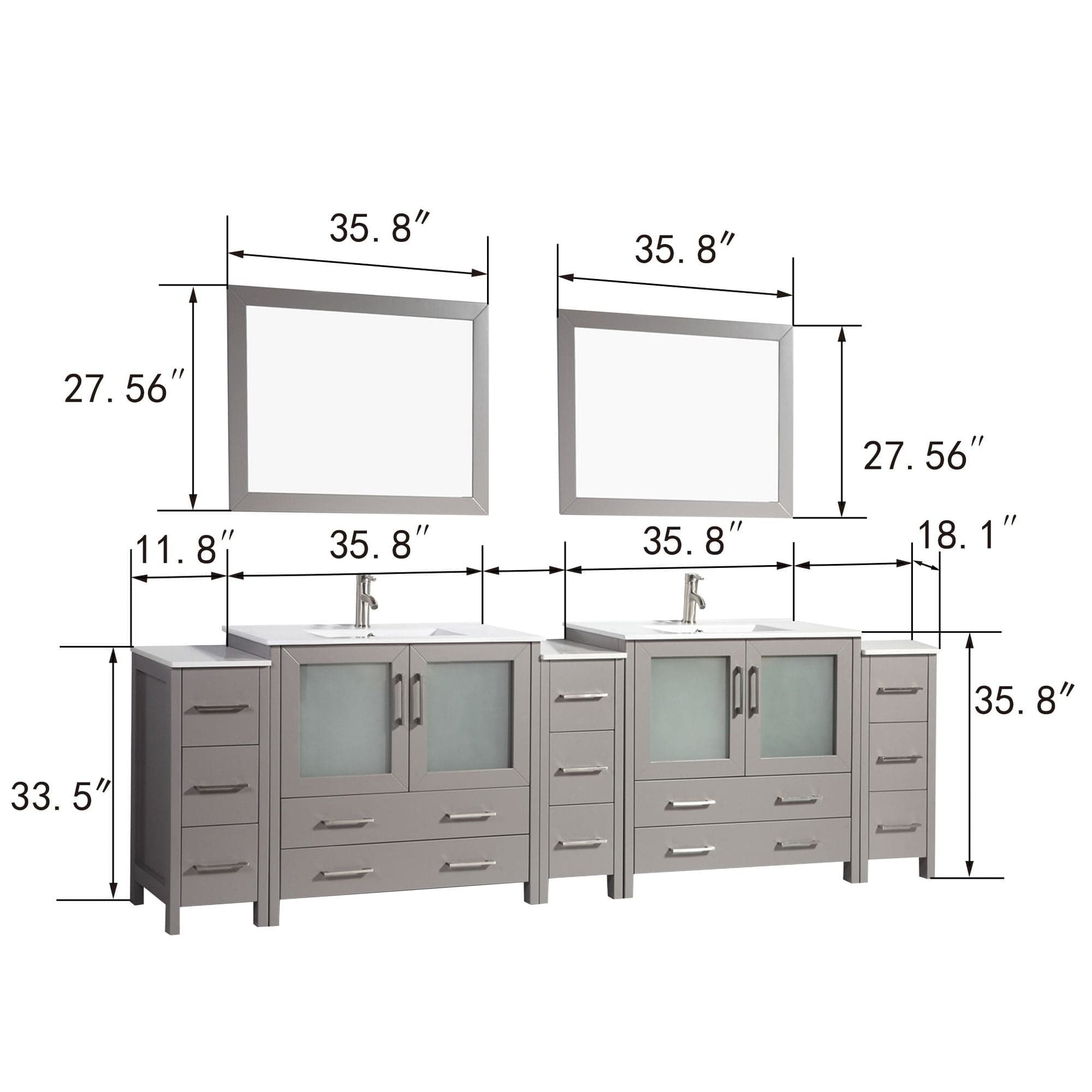 Vanity Art VA3036-108G 108 Inch Double Sink Bathroom Vanity in Gray with Ceramic Countertop - Vanity Art VA3036-108G