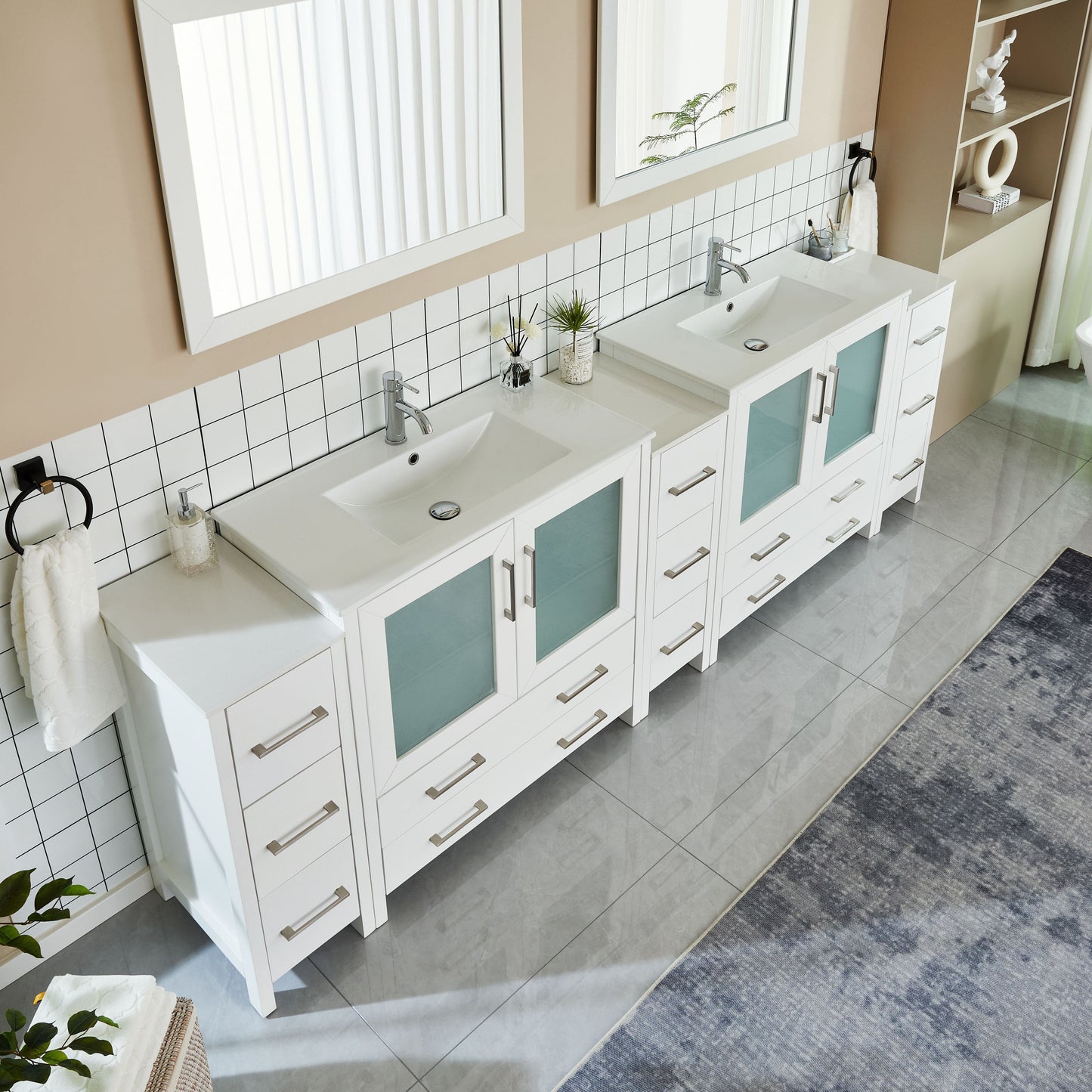 Vanity Art VA3036-108W 108 Inch Double Sink Bathroom Vanity in White with Ceramic Countertop - Vanity Art VA3036-108W