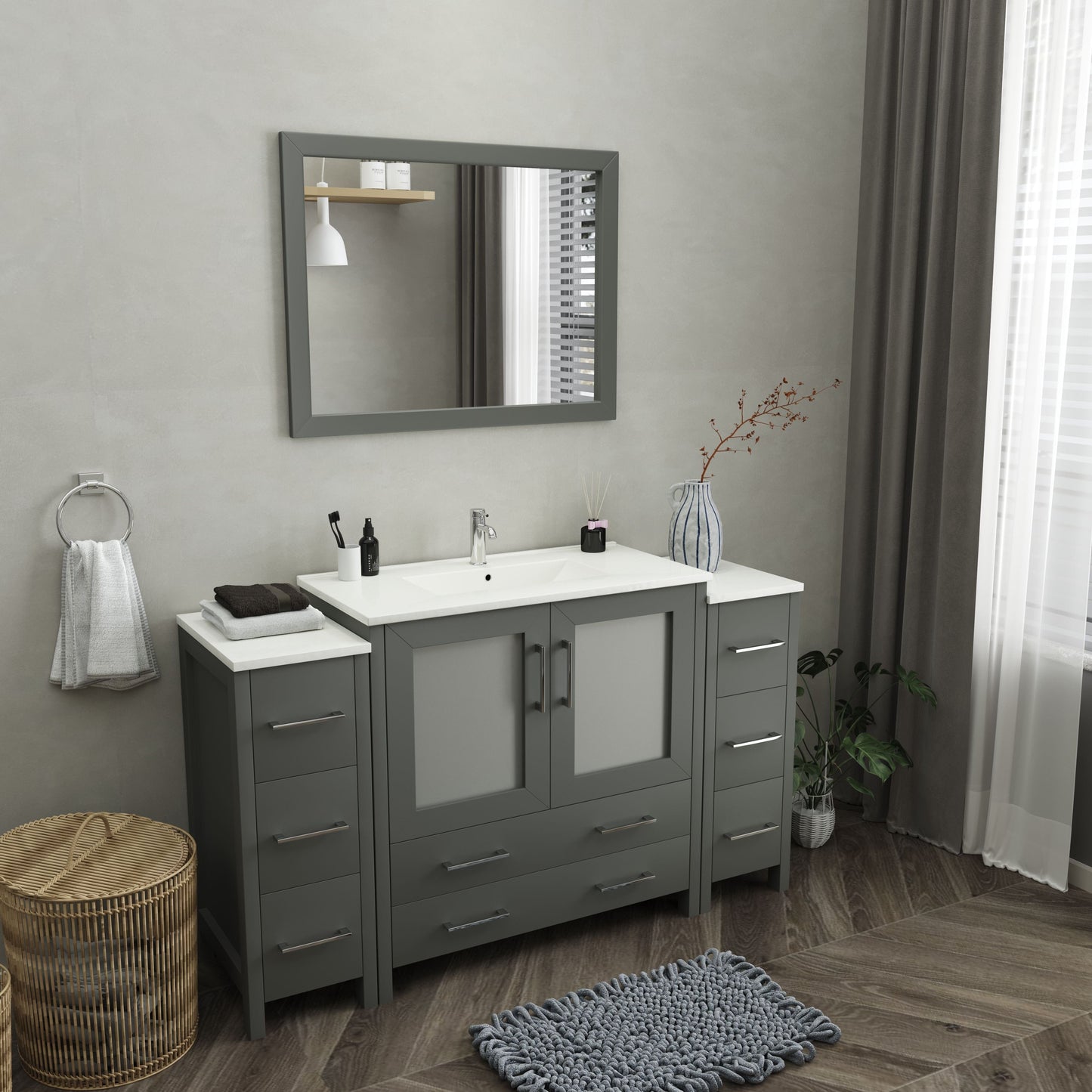 Vanity Art VA3036-60G 60 Inch Single Sink Bathroom Vanity in Gray with Ceramic Countertop - Vanity Art VA3036-60G