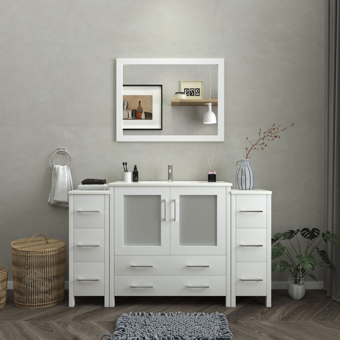 Vanity Art VA3036-60W 60 Inch Single Sink Bathroom Vanity in White with Ceramic Countertop - Vanity Art VA3036-60W