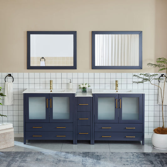 Vanity Art VA3036-84B 84 Inch Double Sink Bathroom Vanity in Blue with Ceramic Countertop - Vanity Art VA3036-84B