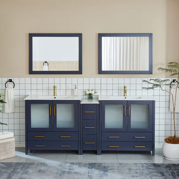 Vanity Art VA3036-84B 84 Inch Double Sink Bathroom Vanity in Blue with Ceramic Countertop - Vanity Art VA3036-84B