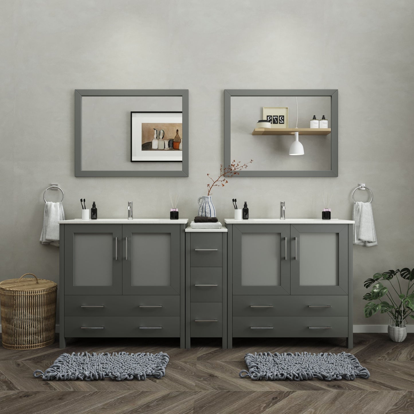 Vanity Art VA3036-84G 84 Inch Double Sink Bathroom Vanity in Gray with Ceramic Countertop - Vanity Art VA3036-84G