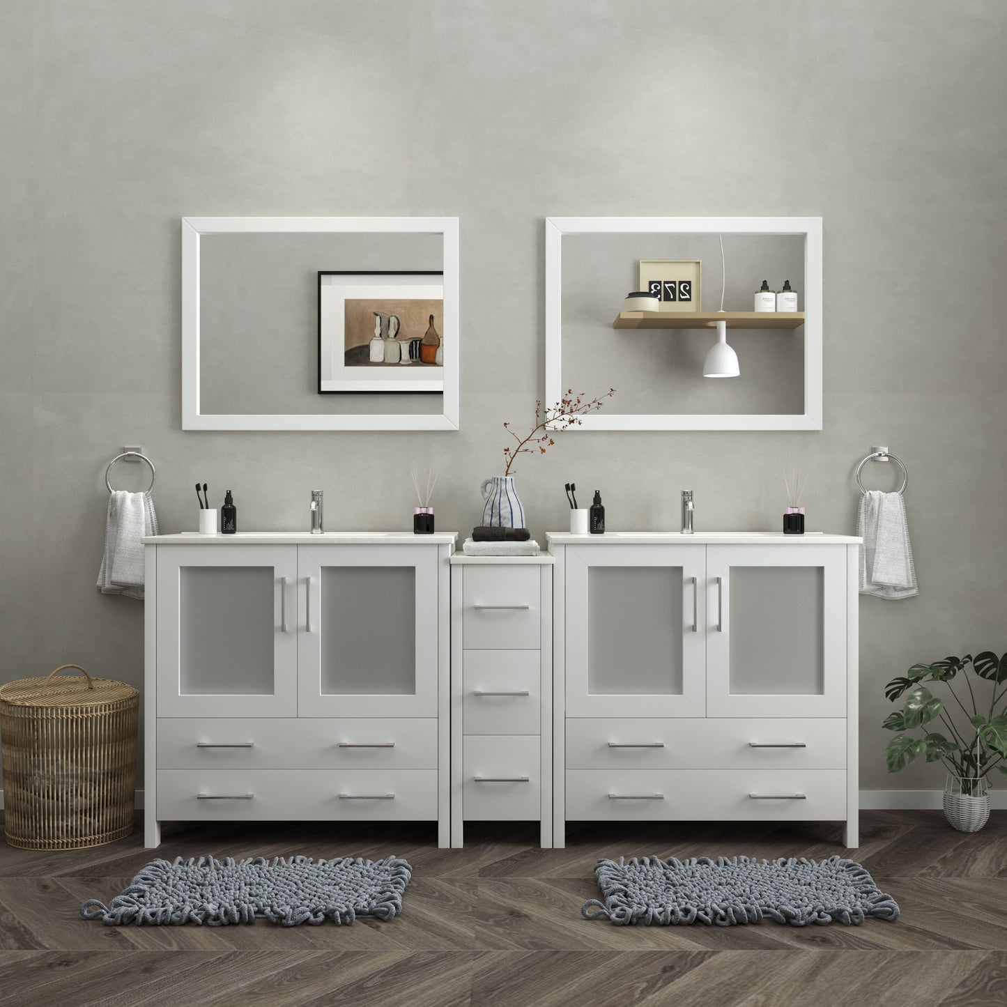 Vanity Art VA3036-84W 84 Inch Double Sink Bathroom Vanity in White with Ceramic Countertop - Vanity Art VA3036-84W