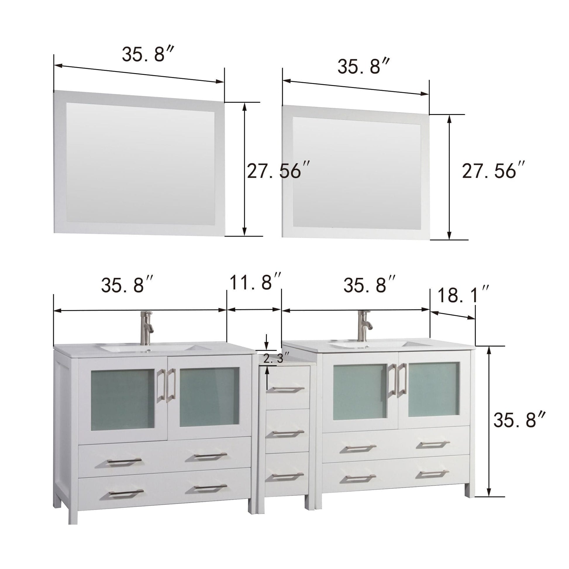 Vanity Art VA3036-84W 84 Inch Double Sink Bathroom Vanity in White with Ceramic Countertop - Vanity Art VA3036-84W