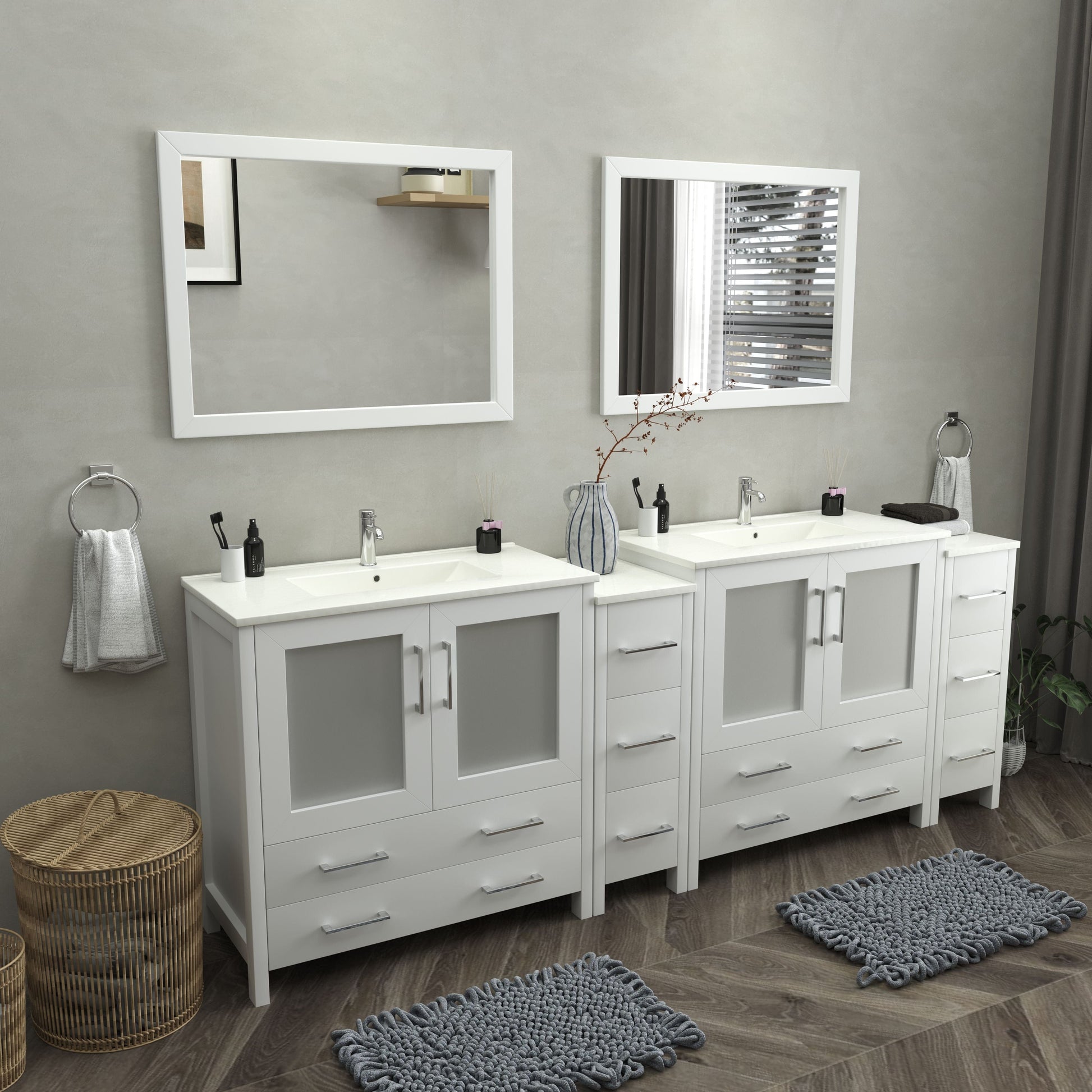 Vanity Art VA3036-96W 96 Inch Double Sink Bathroom Vanity in White with Ceramic Countertop - Vanity Art VA3036-96W