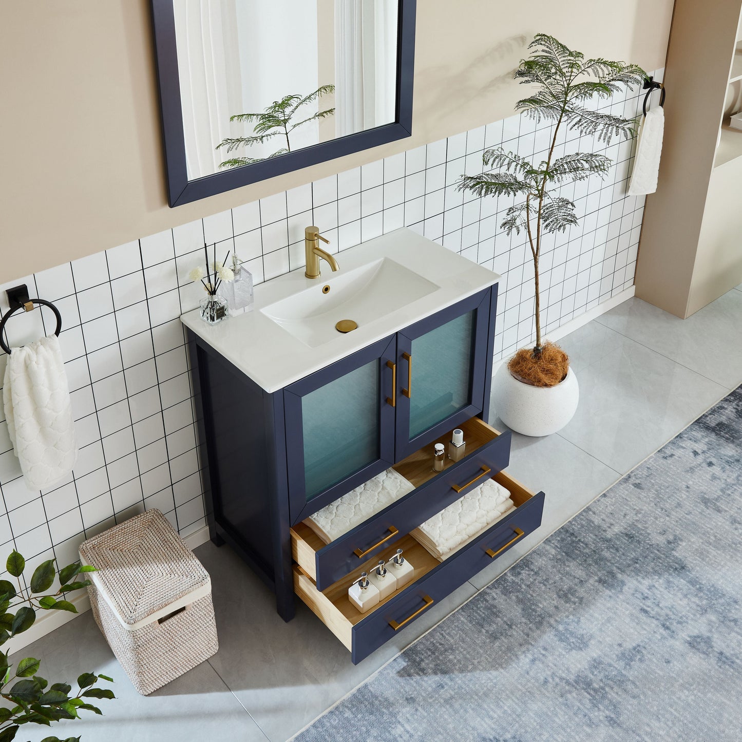 Vanity Art VA3036B 36 Inch Single Sink Bathroom Vanity in Blue with Ceramic Countertop - Vanity Art VA3036B