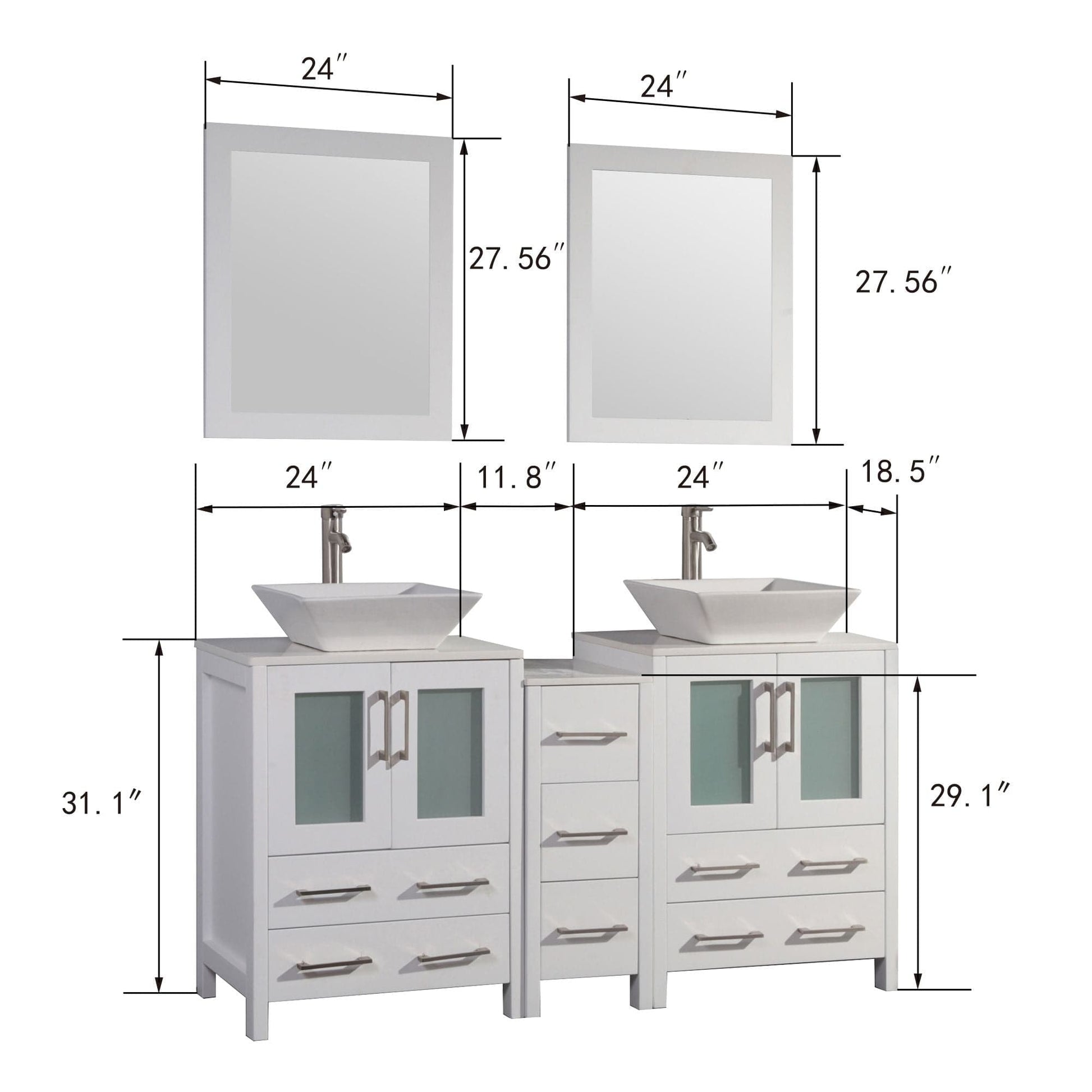 Vanity Art VA3124-60W 60 Inch Double Sink Bathroom Vanity in White with Marble Countertop - Vanity Art VA3124-60W