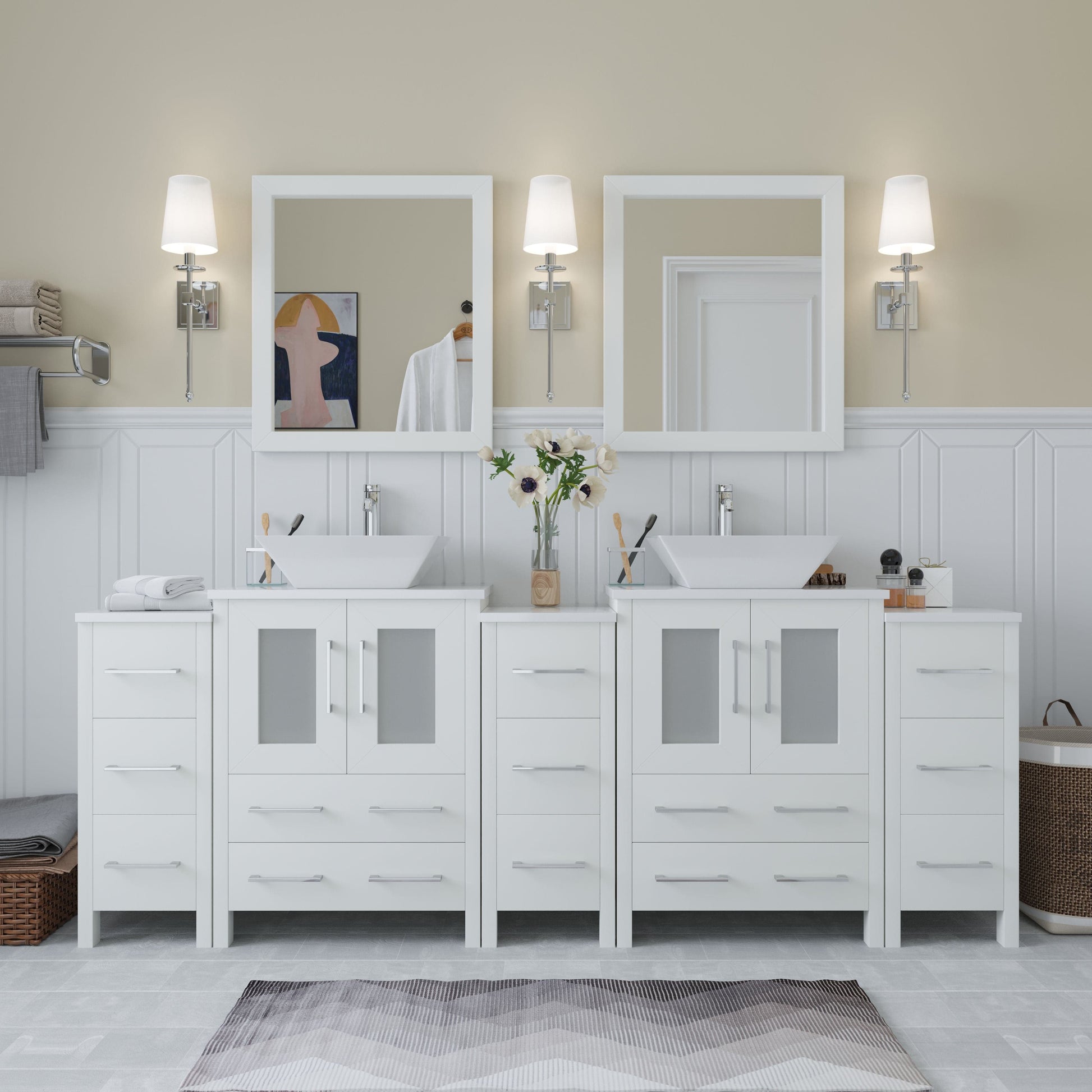 Vanity Art VA3124-84W 84 Inch Double Sink Bathroom Vanity in White with Marble Countertop - Vanity Art VA3124-84W