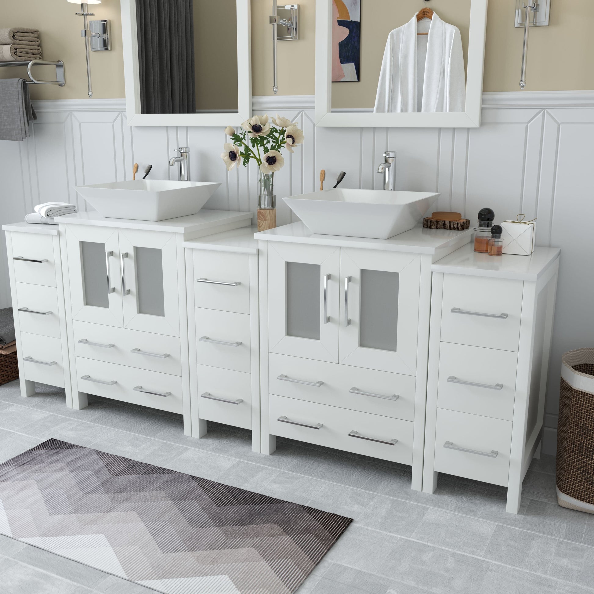 Vanity Art VA3124-84W 84 Inch Double Sink Bathroom Vanity in White with Marble Countertop - Vanity Art VA3124-84W