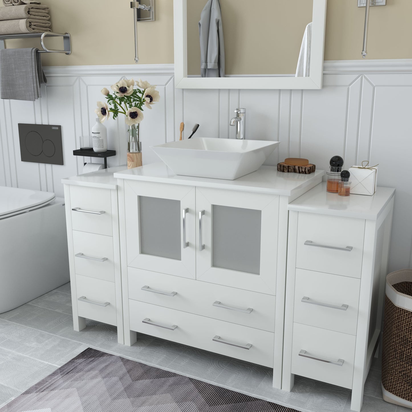 Vanity Art VA3130-54W 54 Inch Single Sink Bathroom Vanity in White with Marble Countertop - Vanity Art VA3130-54W