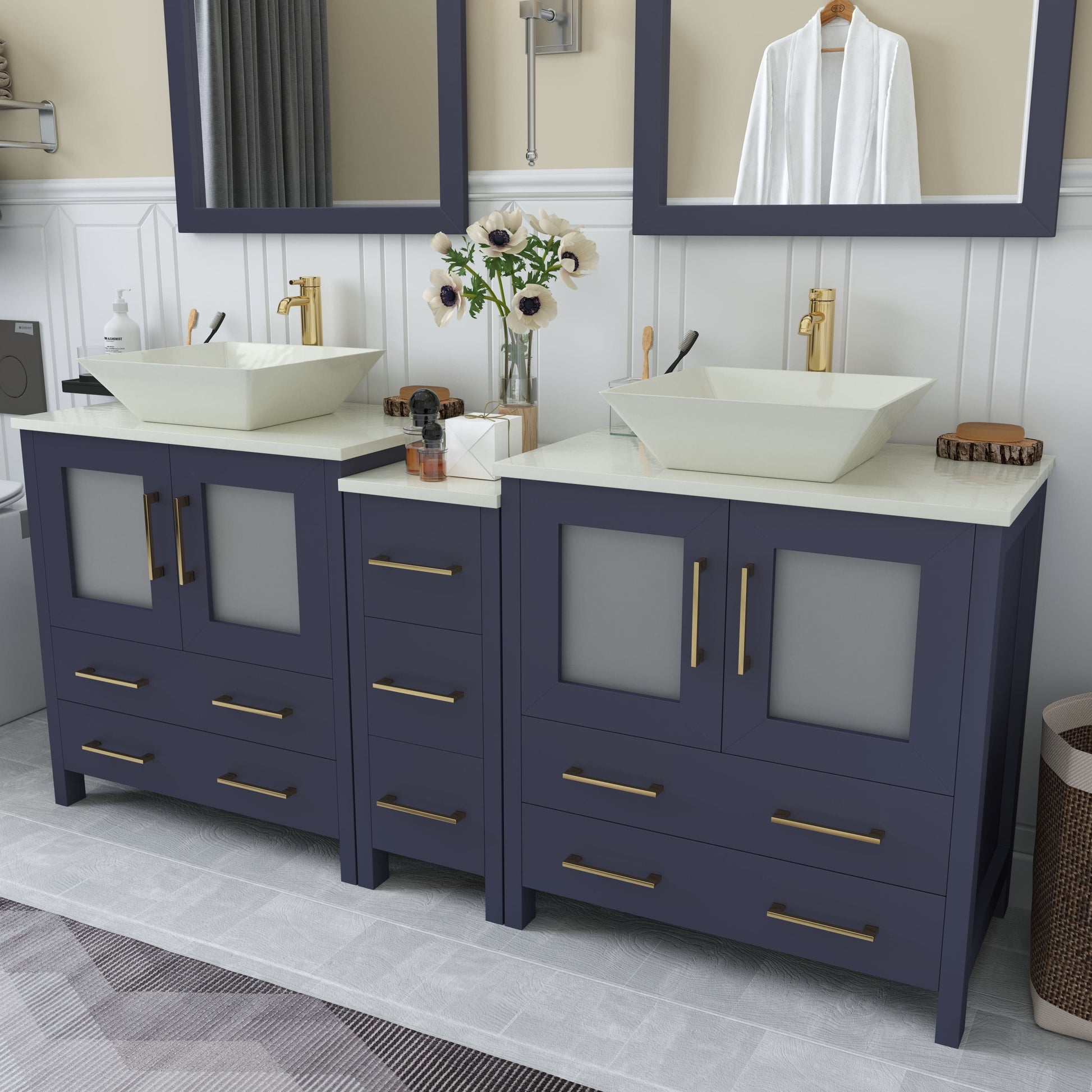 Vanity Art VA3130-72B 72 Inch Double Sink Bathroom Vanity in Blue with Marble Countertop - Vanity Art VA3130-72B