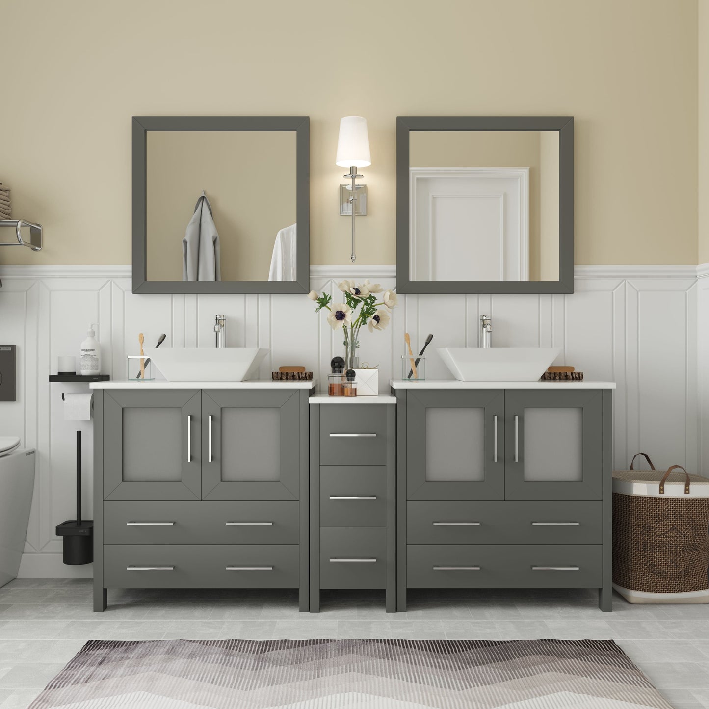 Vanity Art VA3130-72G 72 Inch Double Sink Bathroom Vanity in Gray with Marble Countertop - Vanity Art VA3130-72G