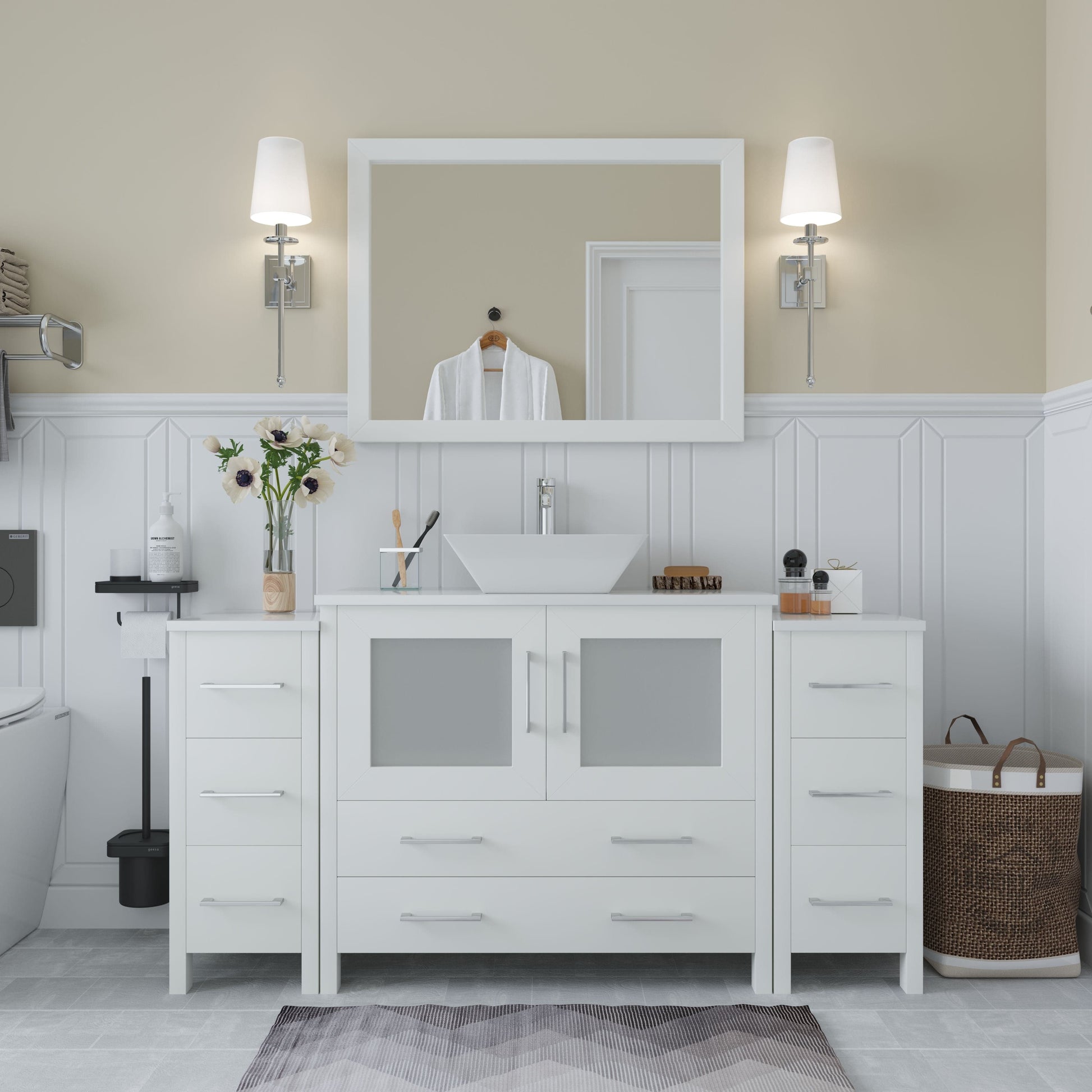 Vanity Art VA3136-60W 60 Inch Single Sink Bathroom Vanity in White with Marble Countertop - Vanity Art VA3136-60W