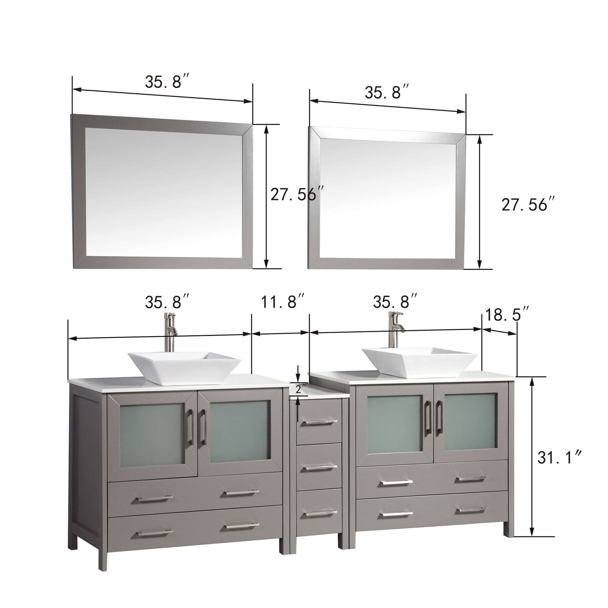 Vanity Art VA3136-84G 84 Inch Double Sink Bathroom Vanity in Gray with Marble Countertop - Vanity Art VA3136-84G