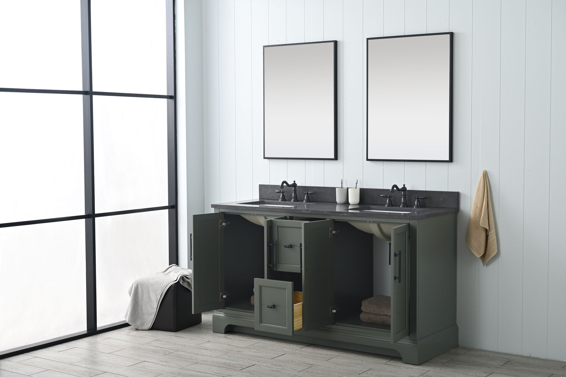 Vanity Art VA5060-DVG 60 Inch Double Sink Bathroom Vanity in Vintage Green with Marble Countertop & Backsplash - Vanity Art VA5060-DVG