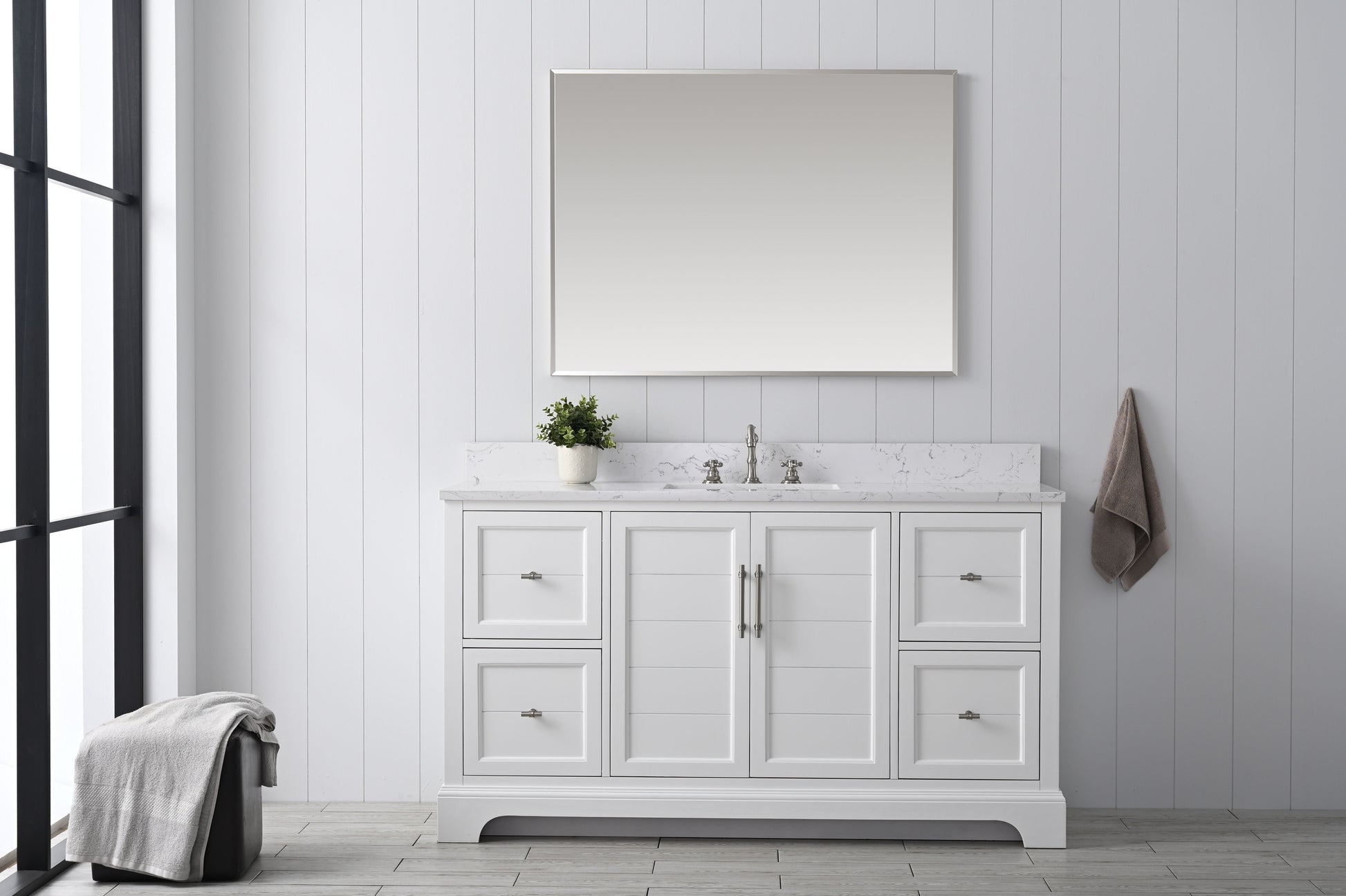 Vanity Art VA5060-SW 60 Inch Single Sink Bathroom Vanity in White with Marble Countertop & Backsplash - Vanity Art VA5060-SW