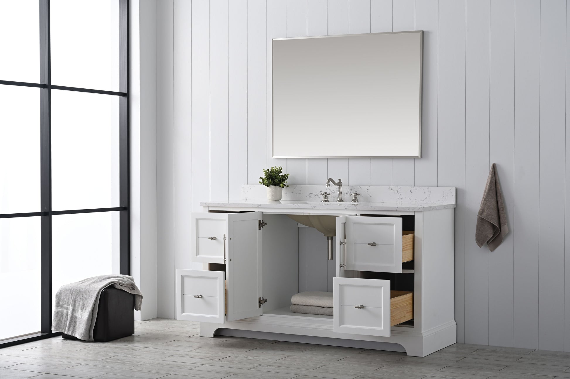 Vanity Art VA5060-SW 60 Inch Single Sink Bathroom Vanity in White with Marble Countertop & Backsplash - Vanity Art VA5060-SW