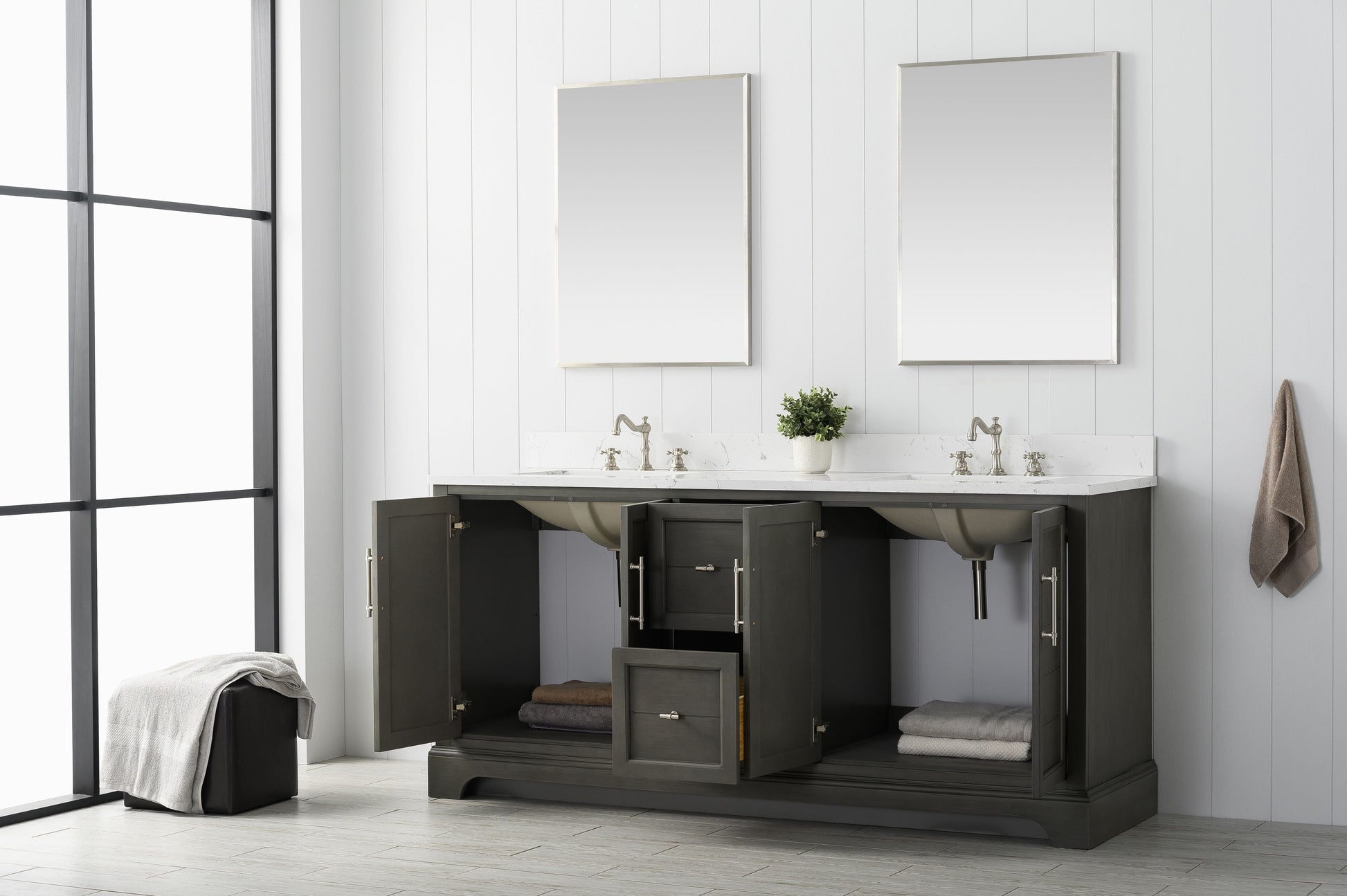 Vanity Art VA5072-DSG 72 Inch Double Sink Bathroom Vanity in Gray with Marble Countertop & Backsplash - Vanity Art VA5072-DSG