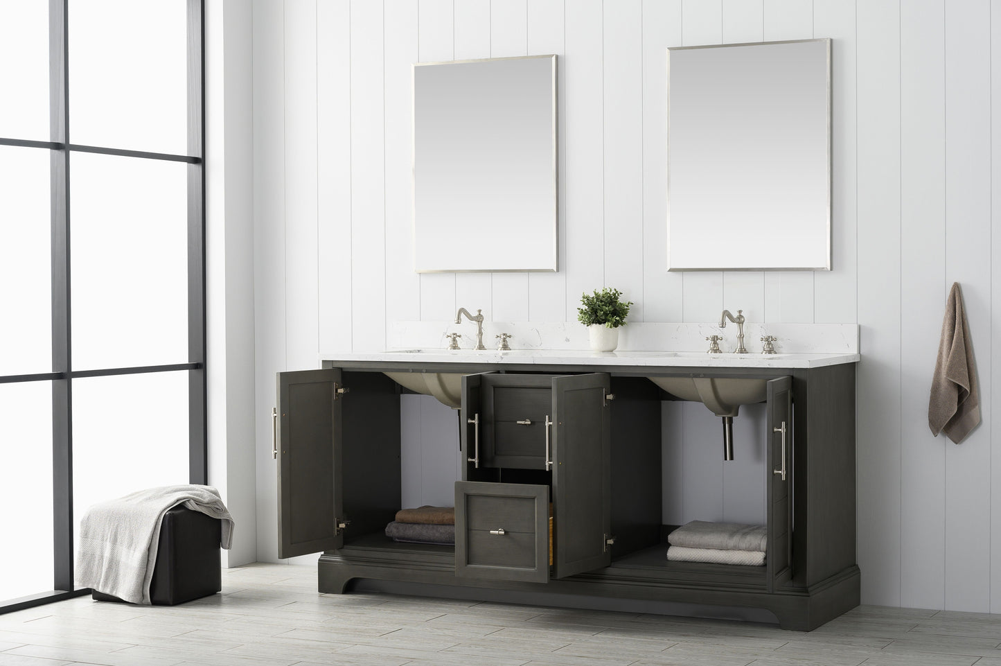 Vanity Art VA5072-DSG 72 Inch Double Sink Bathroom Vanity in Gray with Marble Countertop & Backsplash - Vanity Art VA5072-DSG