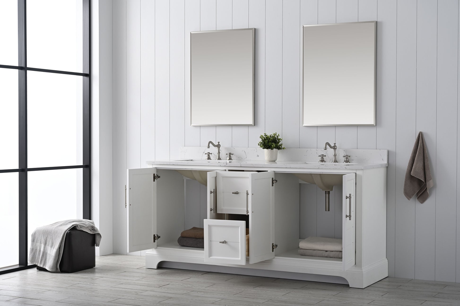 Vanity Art VA5072-DW 72 Inch Double Sink Bathroom Vanity in White with Marble Countertop & Backsplash - Vanity Art VA5072-DW