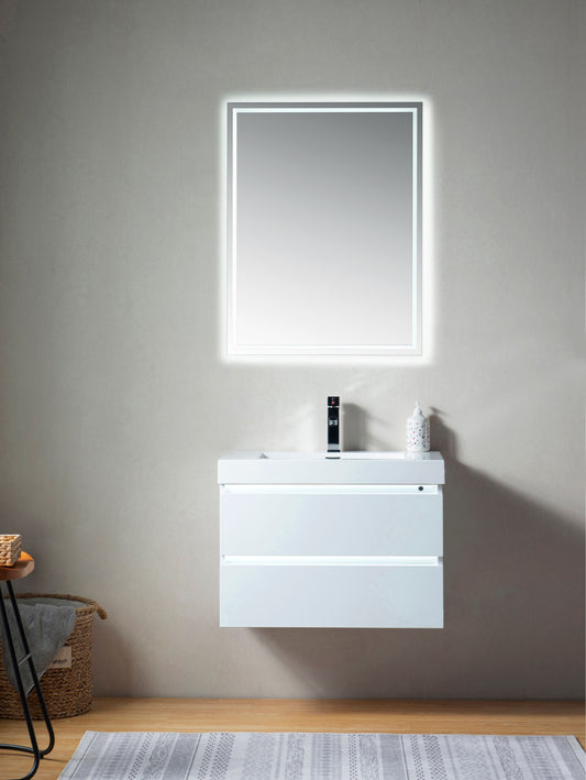 Vanity Art VA6030WL 30 Inch LED Lighted Wall Hung Single Sink Bathroom Vanity in White with Resin Top - Vanity Art VA6030WL