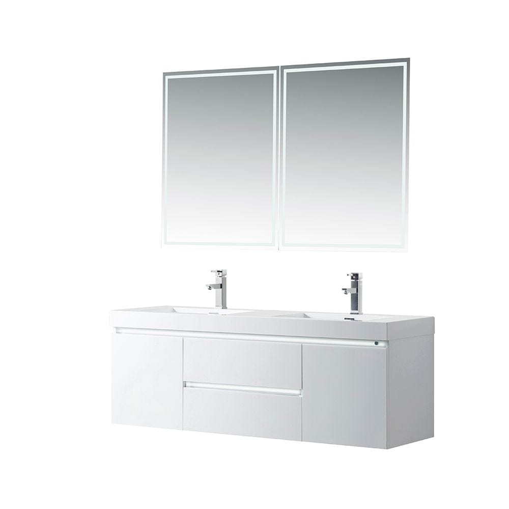 Vanity Art VA6060DWL 60 Inch LED Lighted Wall Hung Double Sink Bathroom Vanity in White with Resin Top - Vanity Art VA6060DWL