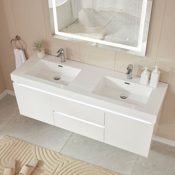 Vanity Art VA6060DWL 60 Inch LED Lighted Wall Hung Double Sink Bathroom Vanity in White with Resin Top - Vanity Art VA6060DWL