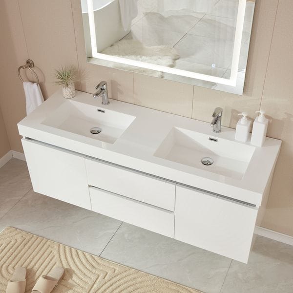 Vanity Art VA6060DWL 60 Inch LED Lighted Wall Hung Double Sink Bathroom Vanity in White with Resin Top - Vanity Art VA6060DWL