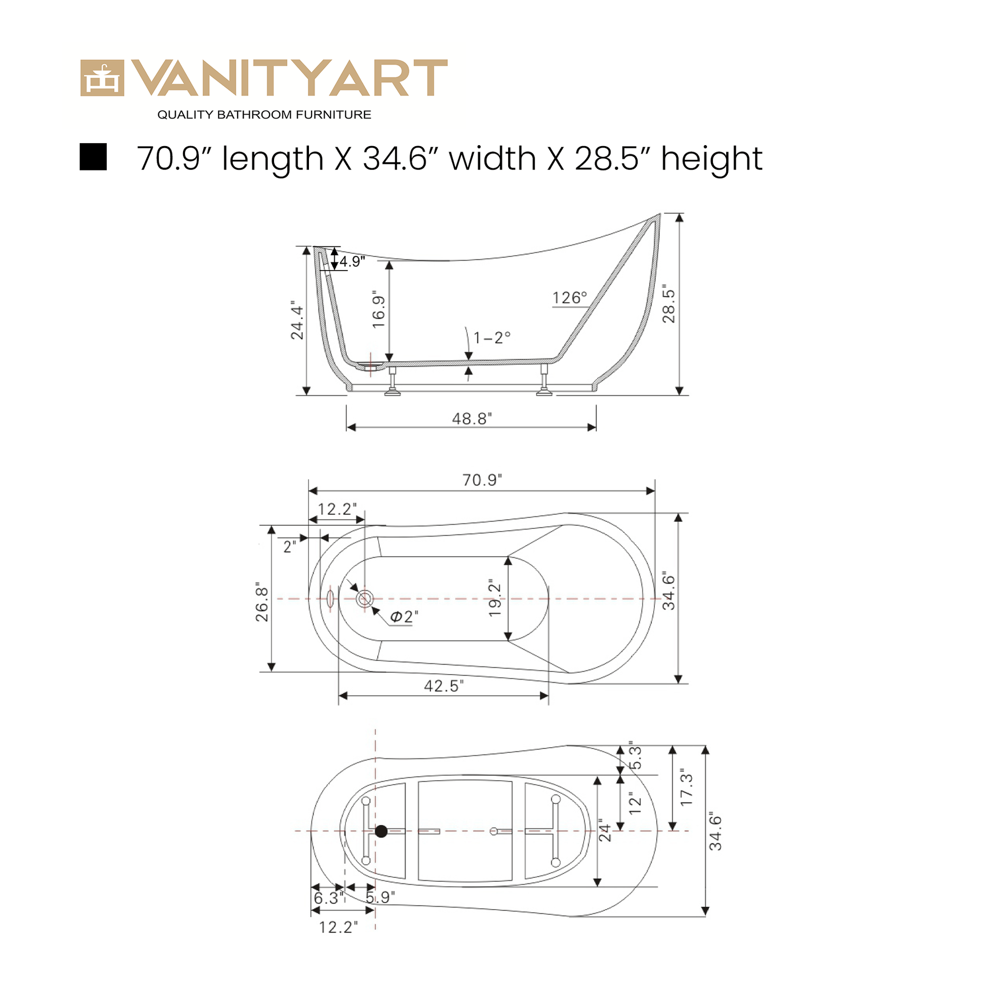 Vanity Art VA6512-L 71 Inch Freestanding White Acrylic Bathtub with Polished Chrome Finish - Vanity Art VA6512-L