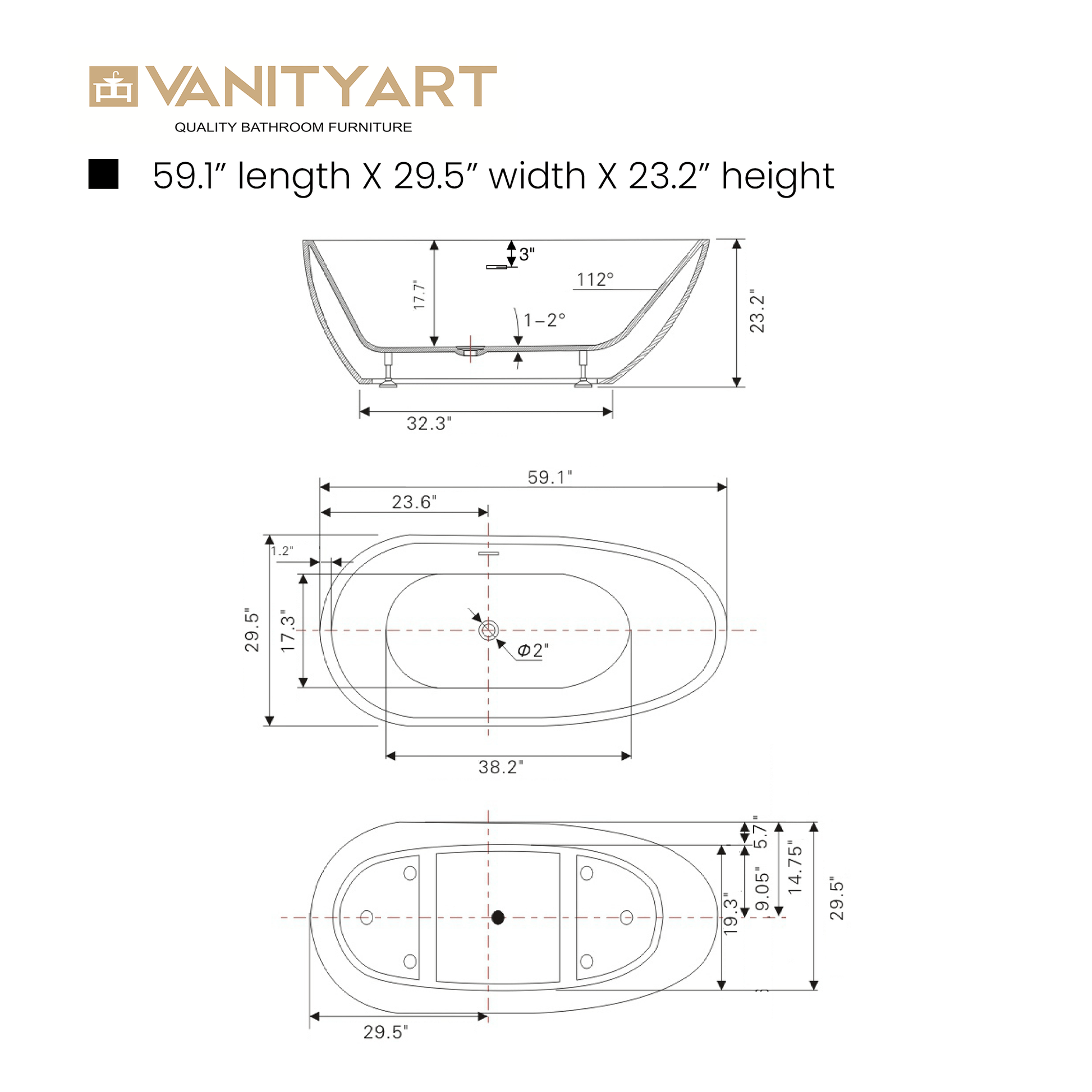 Vanity Art VA6515-S-BN 59 Inch Freestanding White Acrylic Bathtub with Overflow And Pop-Up Drain - Vanity Art VA6515-S-BN