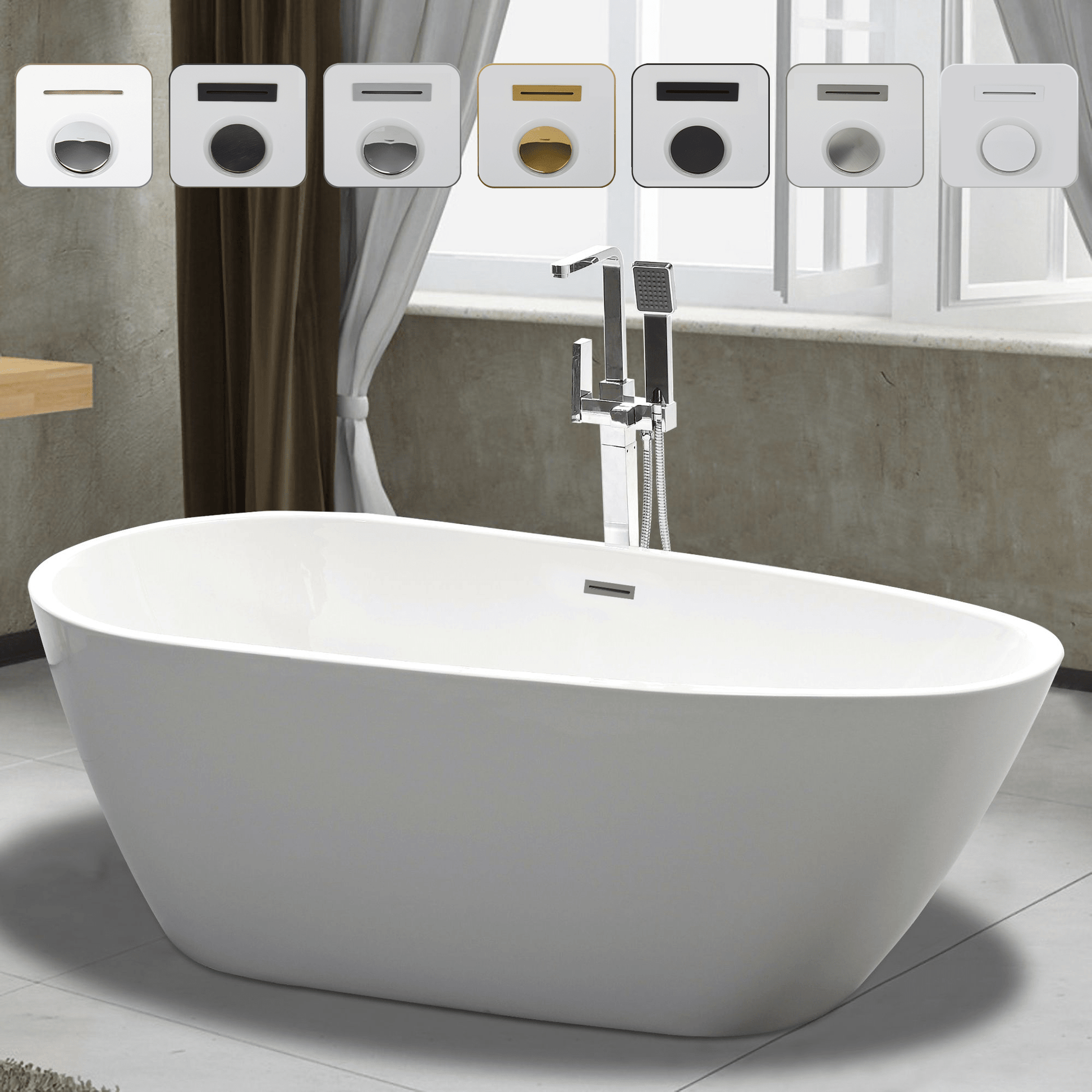 Vanity Art VA6515-S-BN 59 Inch Freestanding White Acrylic Bathtub with Overflow And Pop-Up Drain - Vanity Art VA6515-S-BN