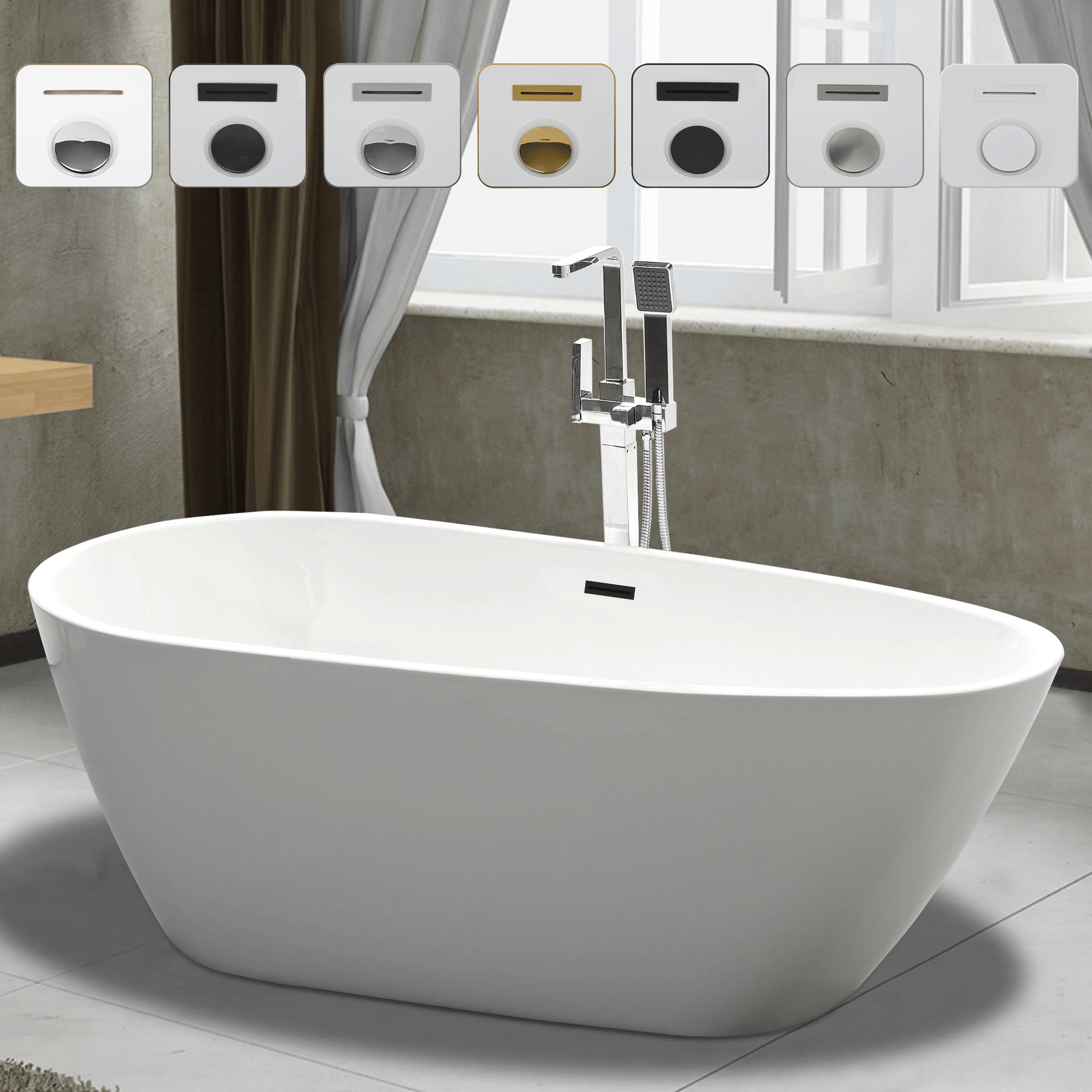 Vanity Art VA6515-S-MB 59 Inch Freestanding White Acrylic Bathtub with Overflow And Pop-Up Drain - Vanity Art VA6515-S-MB