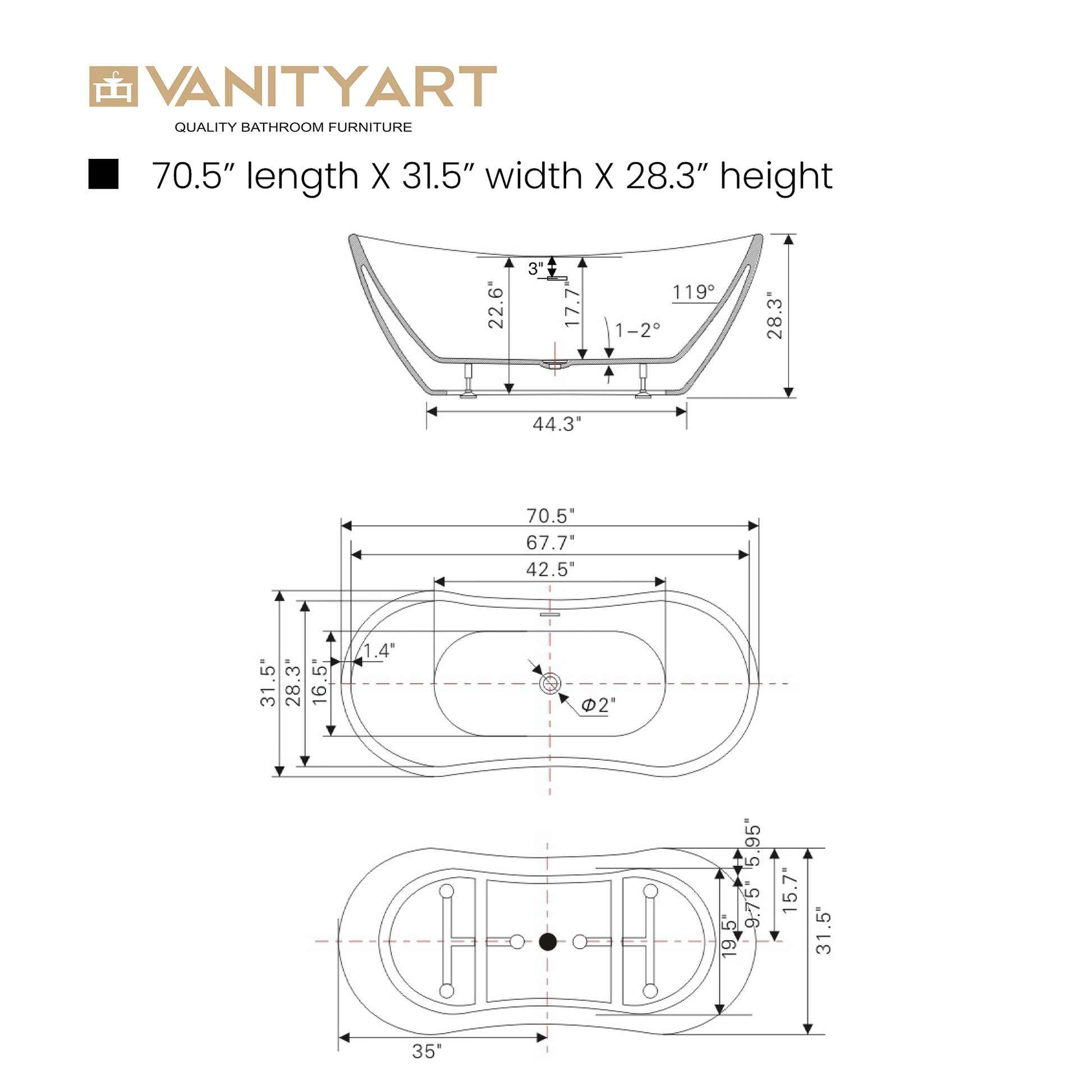 Vanity Art VA6517-MB 71 Inch Freestanding White Acrylic Bathtub with Overflow And Pop-Up Drain - Vanity Art VA6517-MB